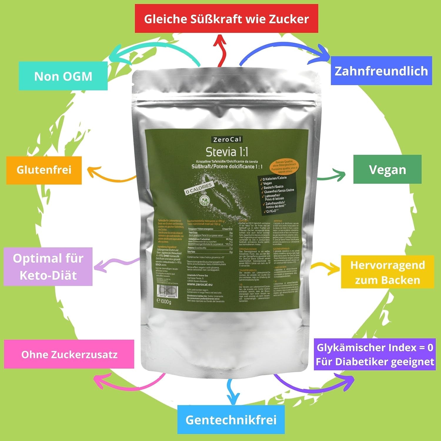 Stevia 1:1 (Erythrit - Stevia) - Natürlicher Zuckerersatzstoff, 1000 G Zoetstoffen Naty Shop