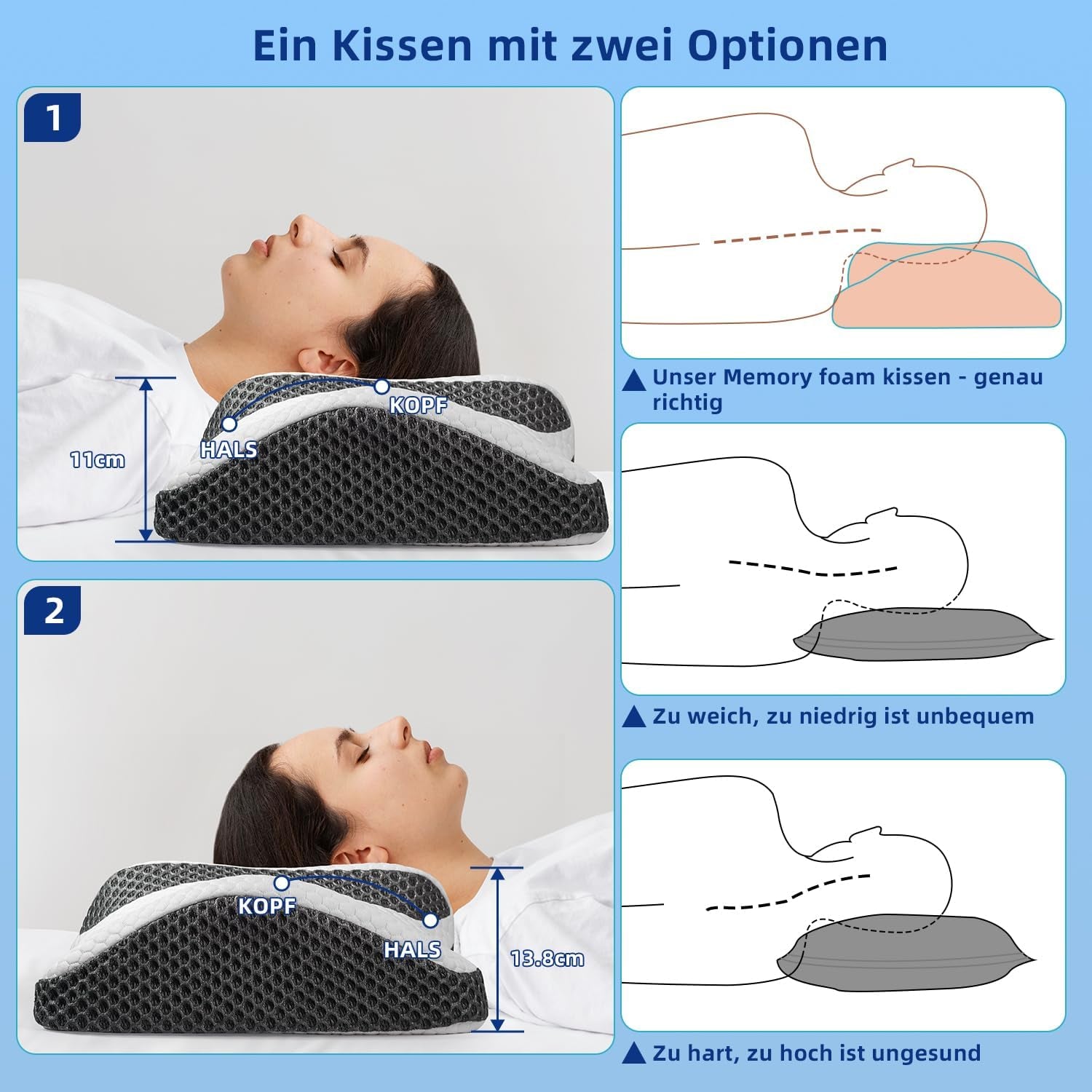 Orthopedisch kussen, ergonomisch nekkussen, hoofdkussen, origineel traagschuimkussen voor zijkanten, rug- en maagondersteuning, neksteunkussen voor mannen, vrouwen (67,3 x 38,2 x 13,8/3 cm) Cervicale orthopedische kussens Naty Shop