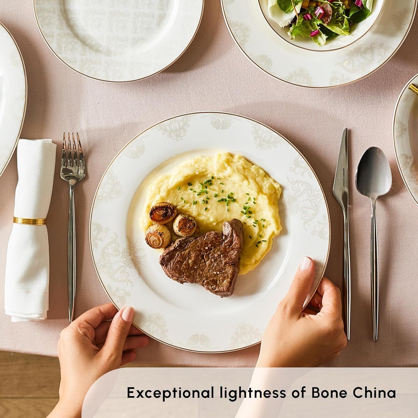 Karaca Elegance Bone Siena Serviesset voor 12 personen, moderne porseleinen serviesset, serviesset met soepkommen, serveerschaal, diepe borden, dessertborden - wit en goud