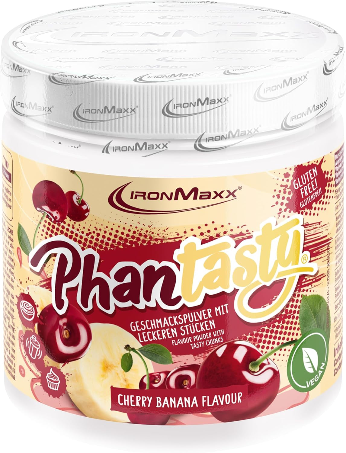 Ironmaxx Phantasty - Romige perzik 250G dosis | Veganistische Geschmackspulver Mit Echten Frucht- Oder Nussstückchen | Perfekter Zuckerersatz Zoetstoffen Naty Shop 250 G (1Er-pakket) Kersenbanaan