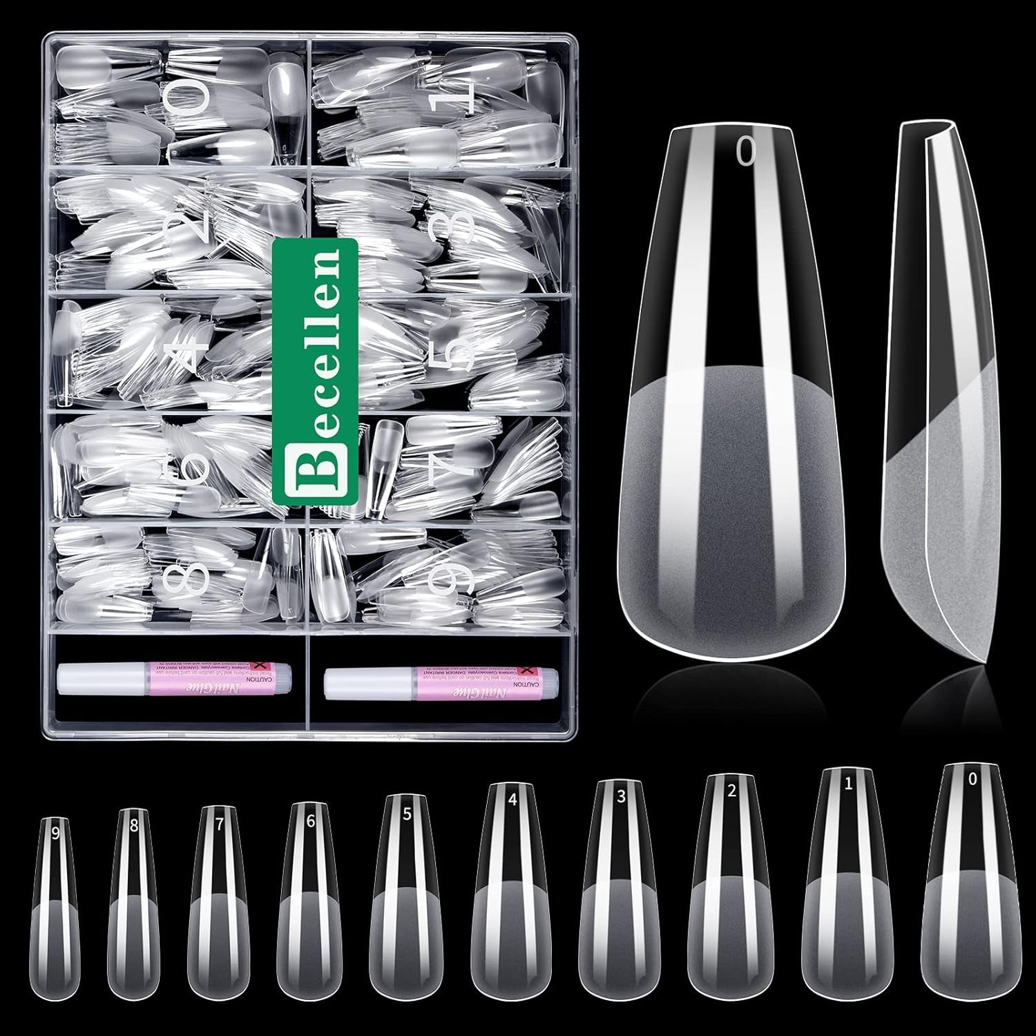 Becellen 500 stuks kunstnageltips, zachte gelnageltips, volledige dekking, gelnageltips, voorgepolijste kunstnagels, doe-het-zelf nagelkunstlijmset (amandelen)