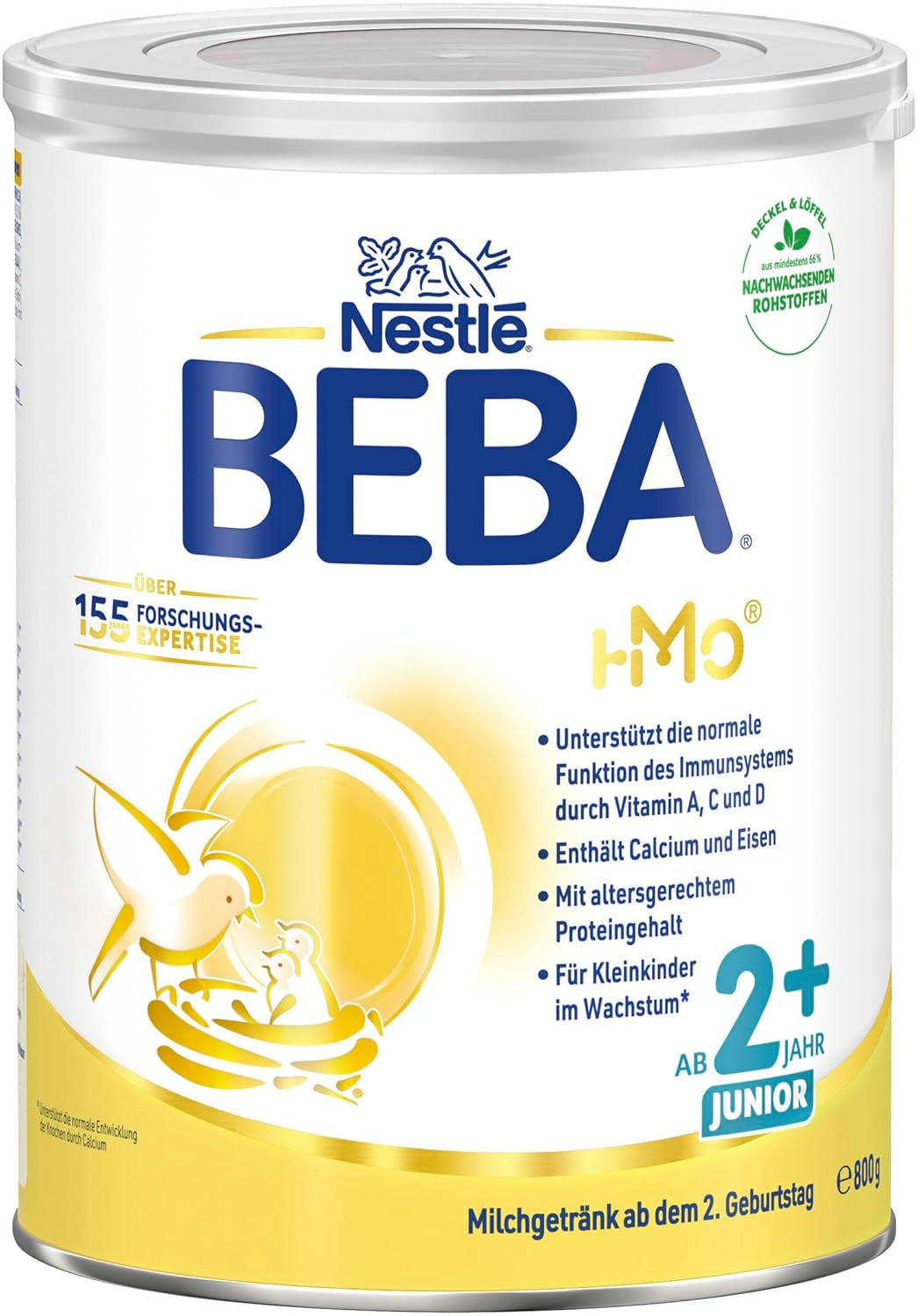BEBA Junior 2+ melkdrank vanaf 2 jaar, Met HMO, Aan de leeftijd aangepast eiwitgehalte, Alleen lactose, Geen palmolie, Geen visolie, Peutervoeding, Babymelkpoeder, Pak van 3 (3 x 800 g)