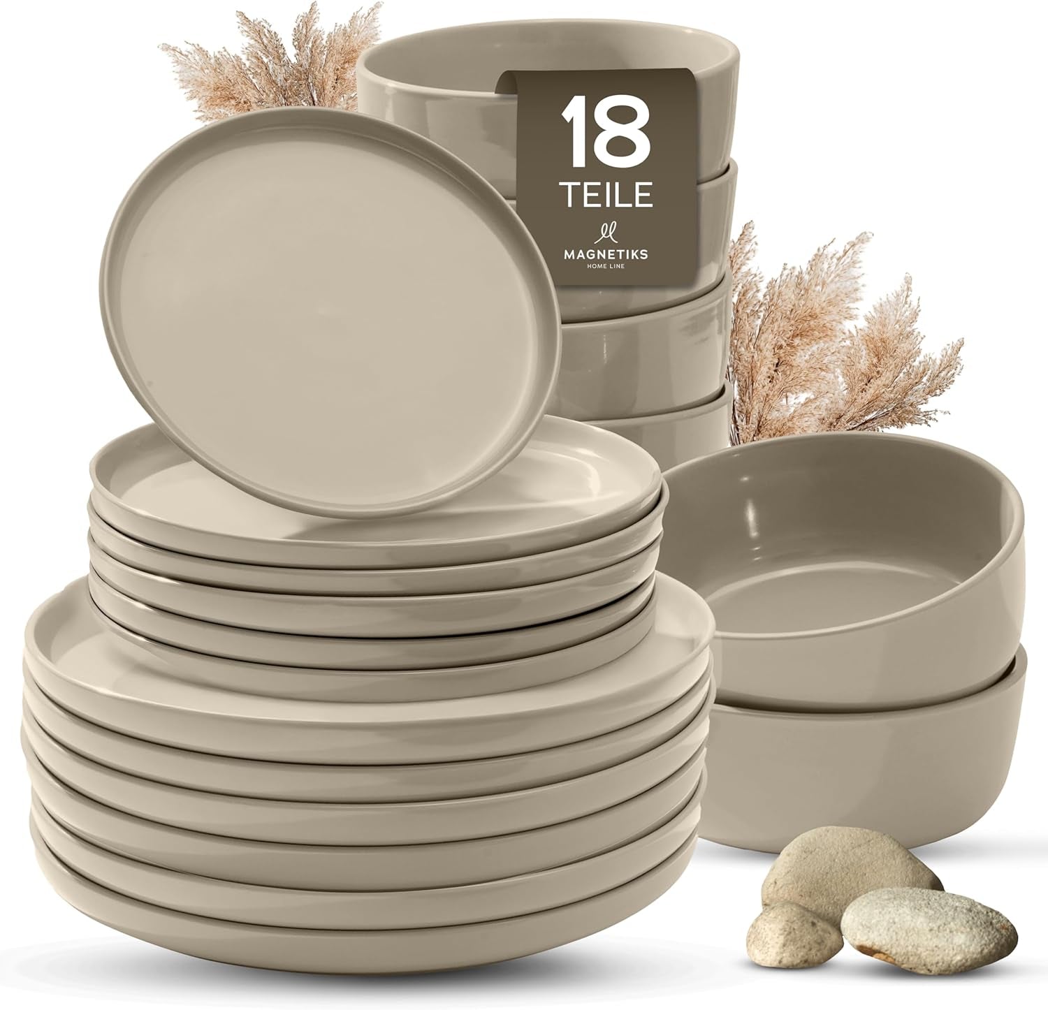 Porseleinen aardewerk serviesset voor 6, 18-delig - sterker en krasbestendig dan aardewerken borden en schalen, glanzend beige | Serviesset bestaat uit 6 dinerborden, 6 dessertborden en 6 kommen -