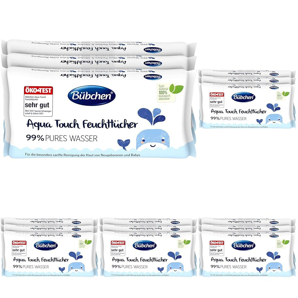 Bübchen Aqua Touch babydoekjes 144 stuks (3 x 48) - gevoelige huidverzorgingsdoekjes met 99% zuiver water, vochtige doekjes voor pasgeborenen en baby's