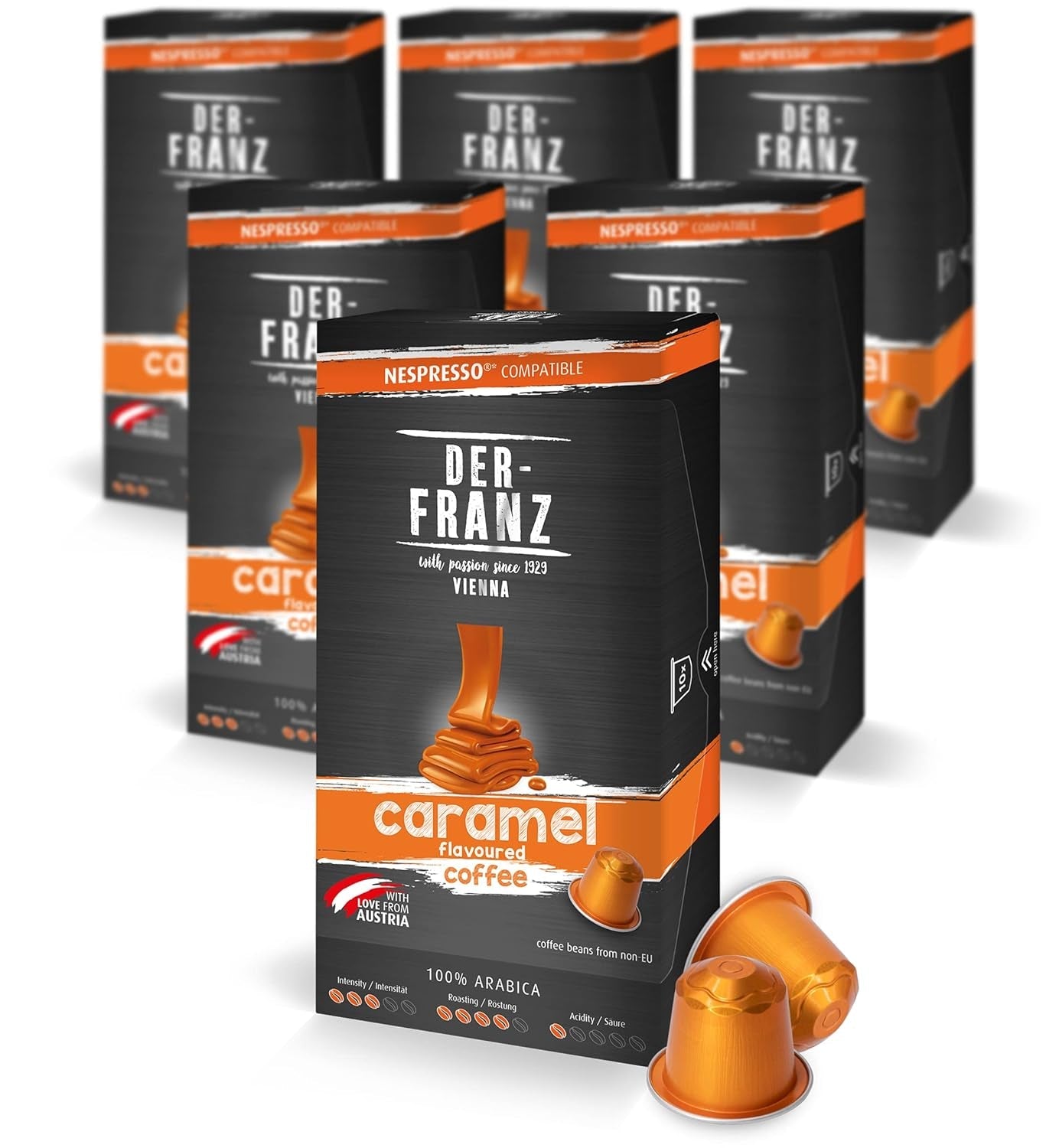 Der-Franz Nespresso-compatibele koffiecapsules, 6 x 10 capsules, karamelaroma, medium branding