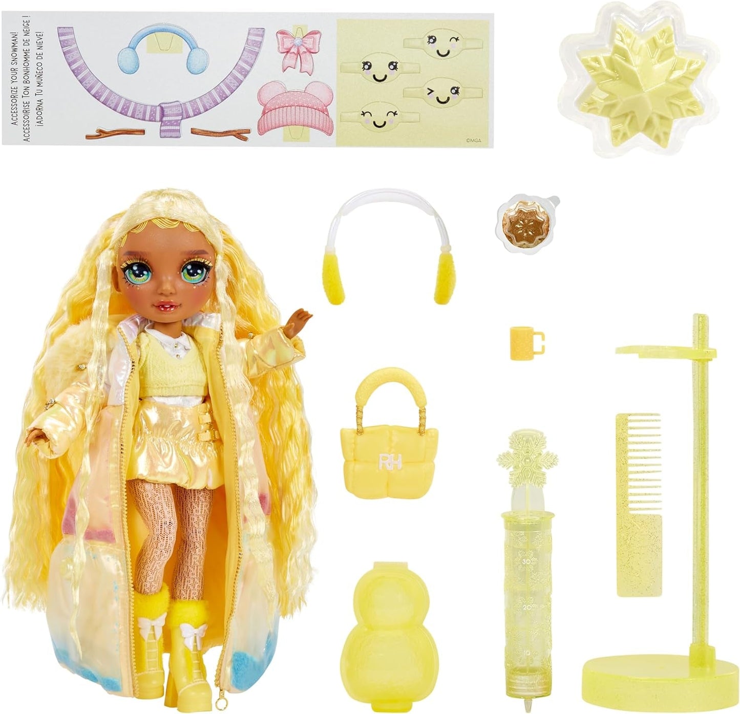 Rainbow High Winter Wonderland - Sunny (geel) - 28 cm verborgen magische wateropblazende sneeuwpop modepop met sneeuwpopset, geschikt voor 4-12 jaar oude kinderen en verzamelaars