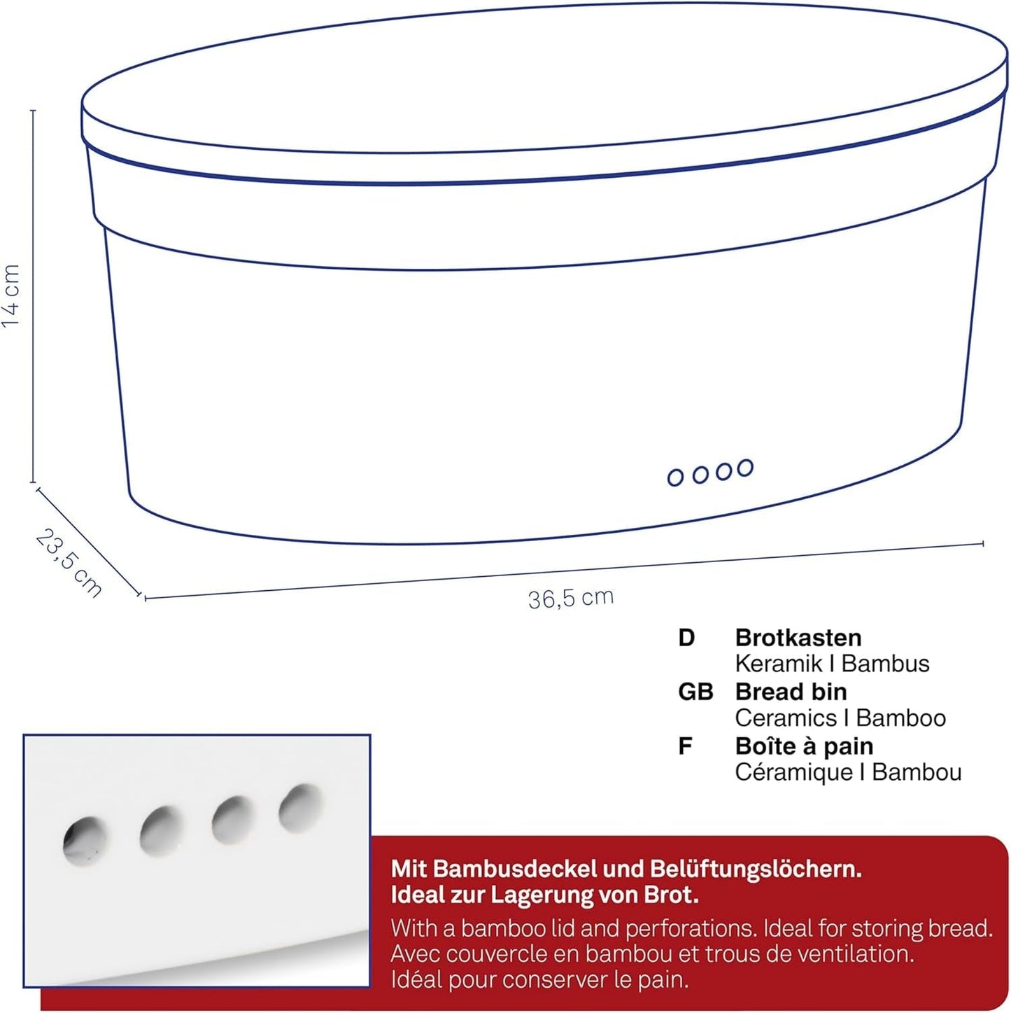 Kela broodtrommel met ventilatiegaten, keramische broodtrommel, SALENA, broodtrommel, wit, 36,5 x 23,5 x 14 cm Voedselbewaardozen Naty Shop