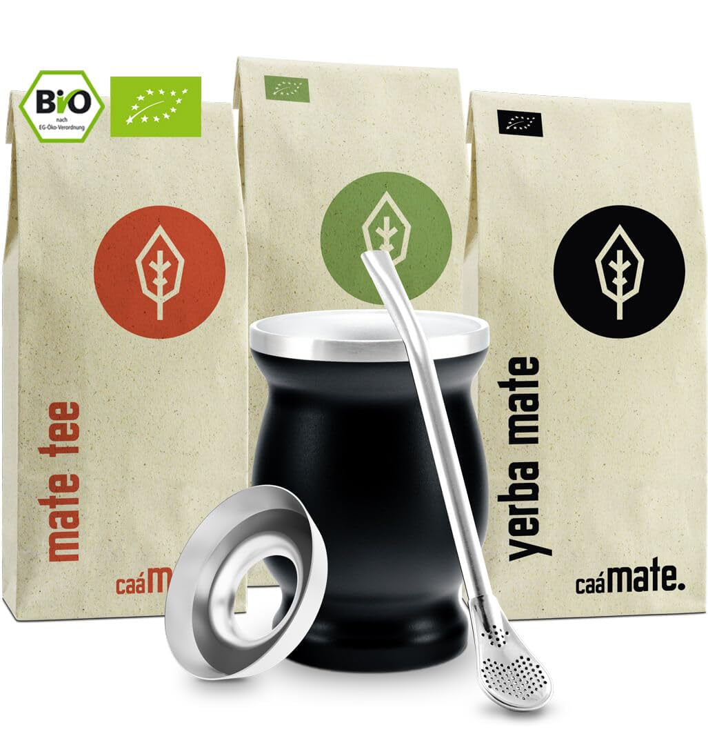 Mate Bio Theeset ● 3 Assortimenten Mate + Dubbelwandige Mate Mok van RVS + Bombilla + Zetinstructies (Zwart)