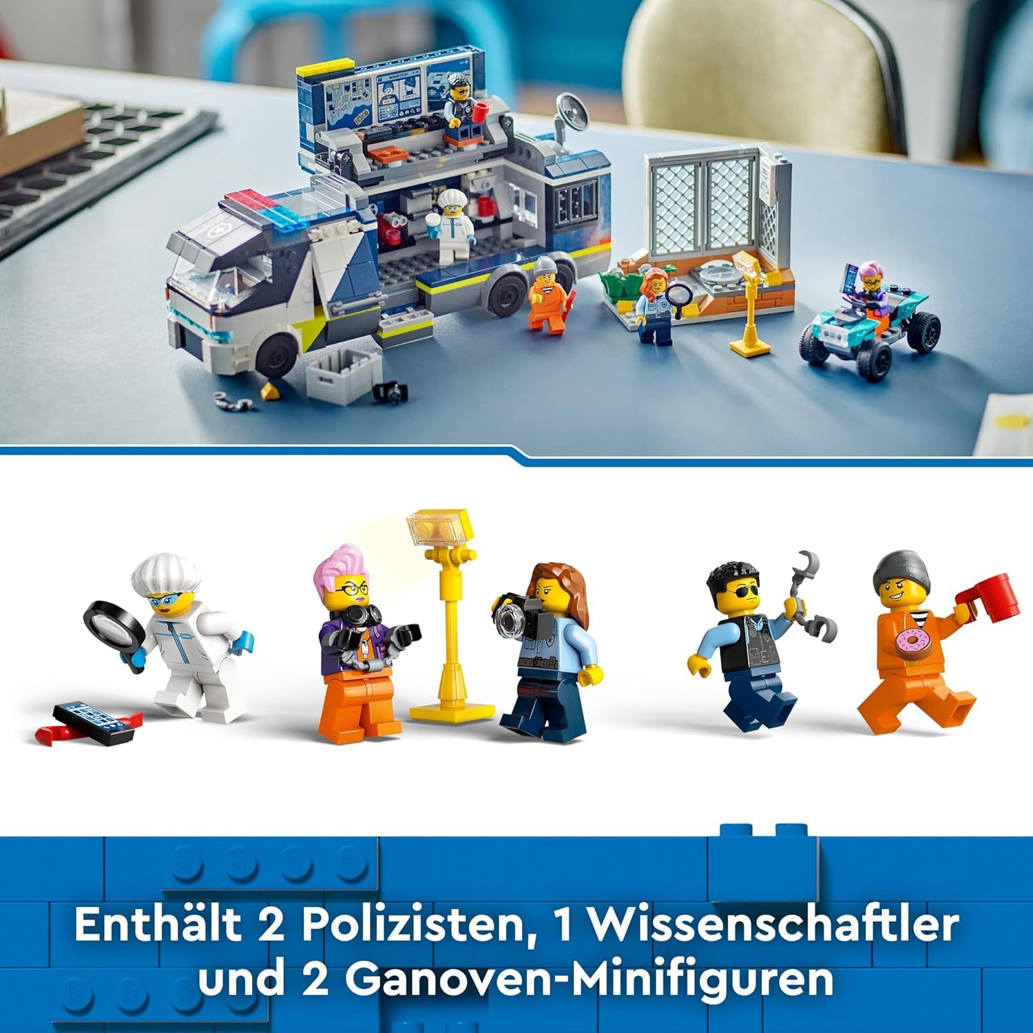 LEGO City Politietruck met laboratorium, quadpolitieset en speelgoedtruck voor kinderen, cadeau voor jongens en meisjes vanaf 7 jaar, plus 5 minifiguren - 2 politieagenten, 1 wetenschapper en 2 boeven 60418 Bouwsets Beuche in LEGO-Store