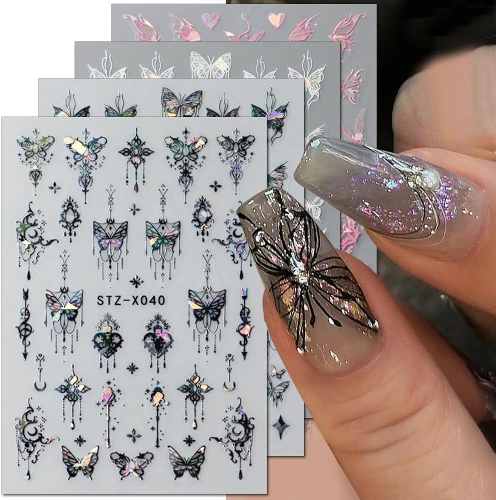 3D Metallic Schwarz Schmetterling Nagelsticker - Laser Roze Aurora Nagelaufkleber - Punk Butterfly Nail Art Stickers - Zilveren Nagelsticker - Nageldesign Zubehör