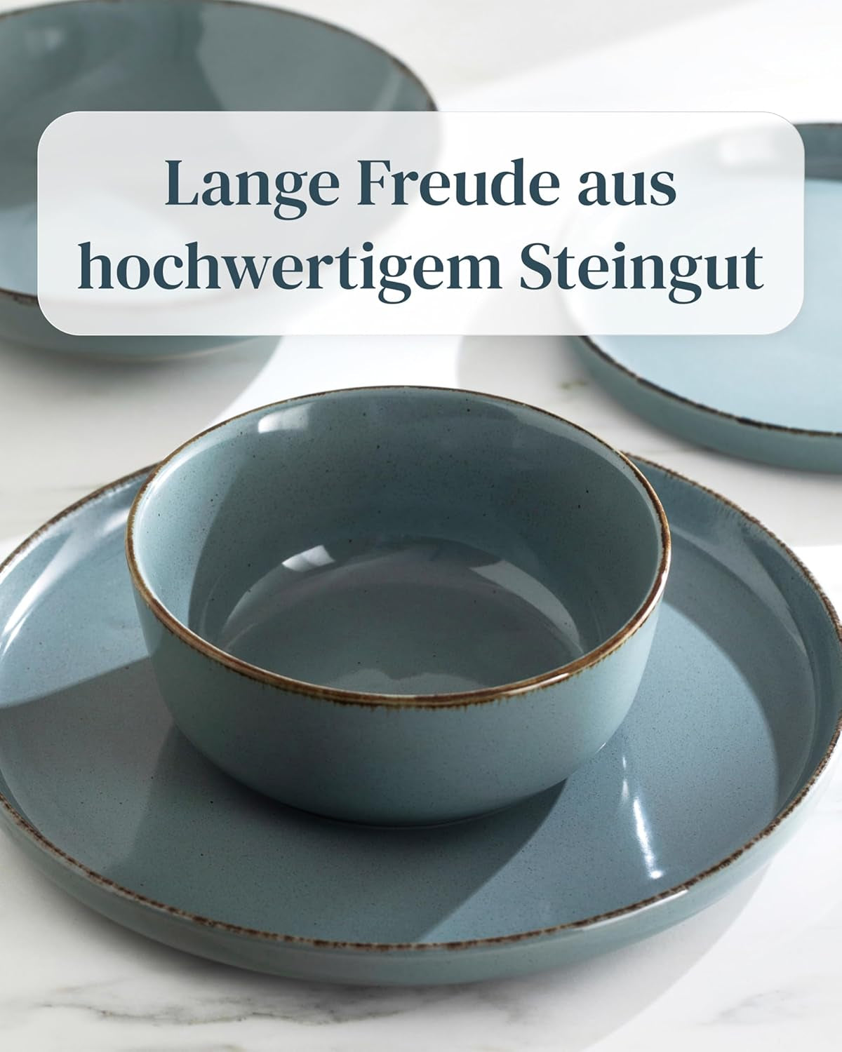 Steingut Geschirrset 12 Personen Rustiek 36 tlg. TESTSIEGER, Hochwertiges Landhaussttil Steingut Geschirr Set, Schüssel- und Teller Set, Tafelservice 12 Personen, Geschirrsets Puur Wonen in Rauchblau