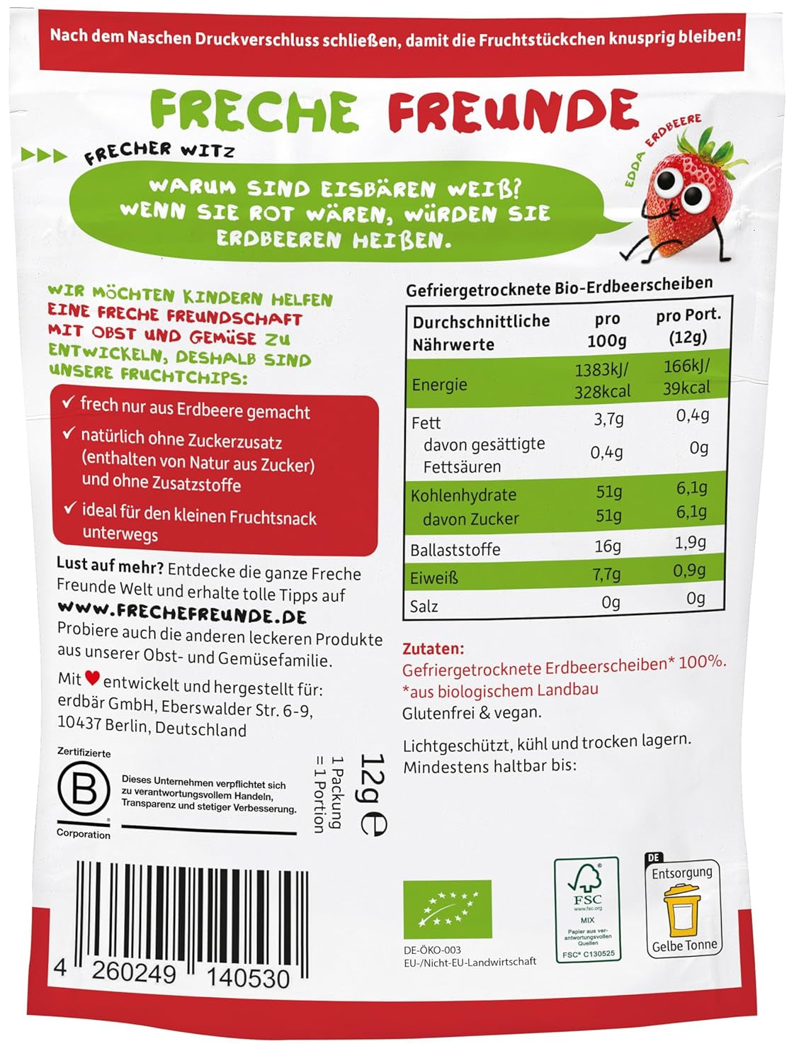 FRECHE FREUNDE Biologische aardbeienfruitchips, gevriesdroogde fruitchips, natuurlijk gesneden gedroogd fruit zonder toegevoegde suiker, veganistisch, lactosevrij, glutenvrij, verpakking van 12 (12 x 12 g)