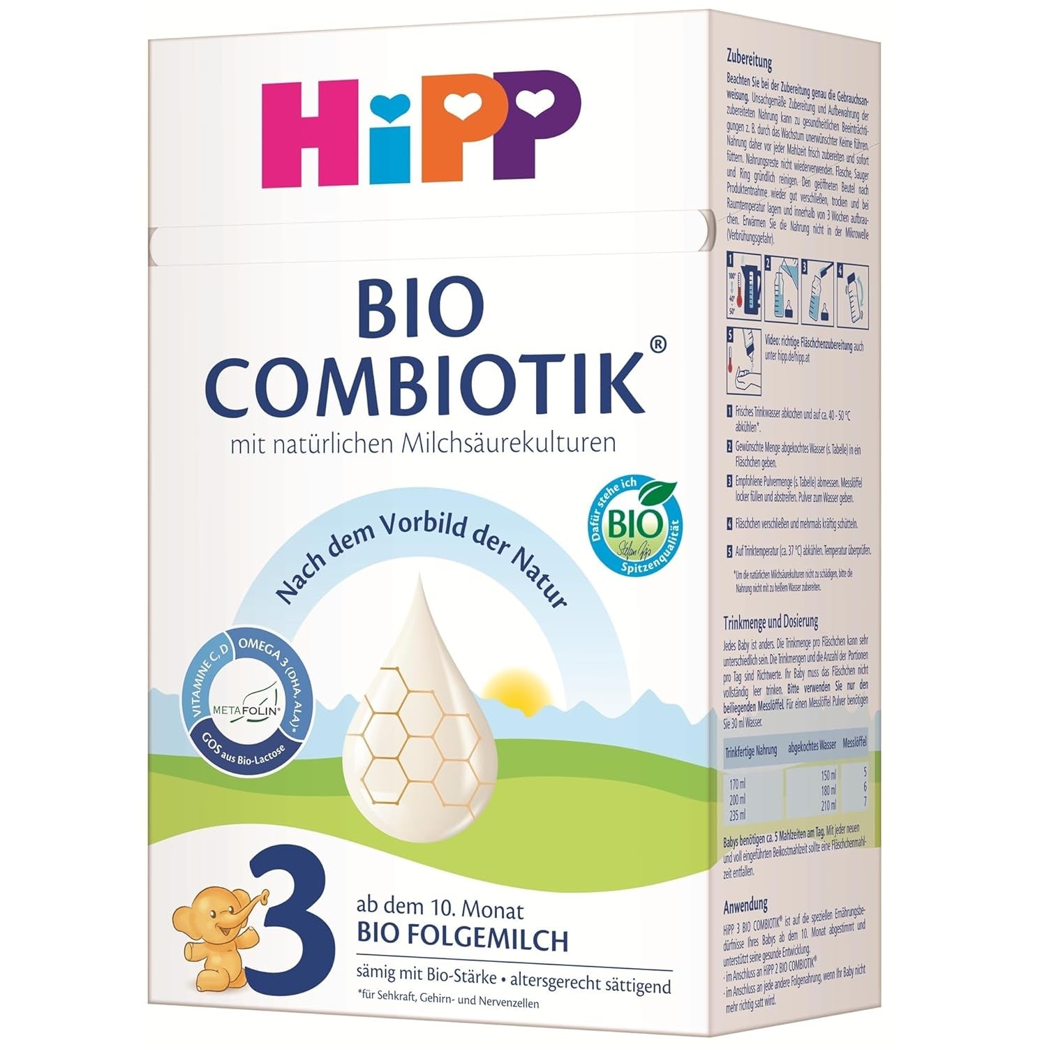 HiPP 3 Biologische Combiotik (4 x 600g), opvolgmelk vanaf 10 maanden, met natuurlijke culturen van melkzuur, vitamine C en D, GOS, Omega-3 (DHA, ALA), van de beste biologische kwaliteit