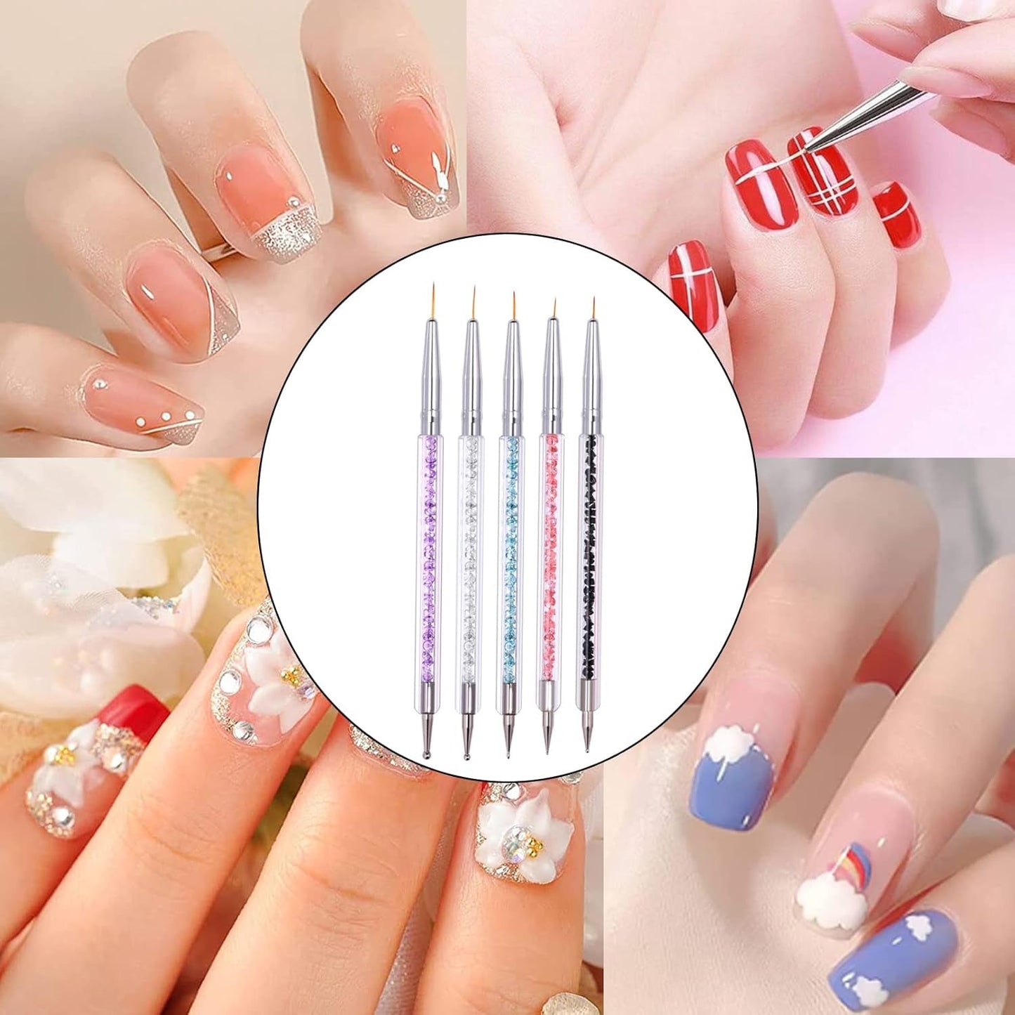 5 Stück Nagel Pinsel Set, Nageldesign Pinsel, Nail Art Dotting Tools, Dual-Ended Professionele Acryl Nail Art Pen voor DIY Nail Art Design