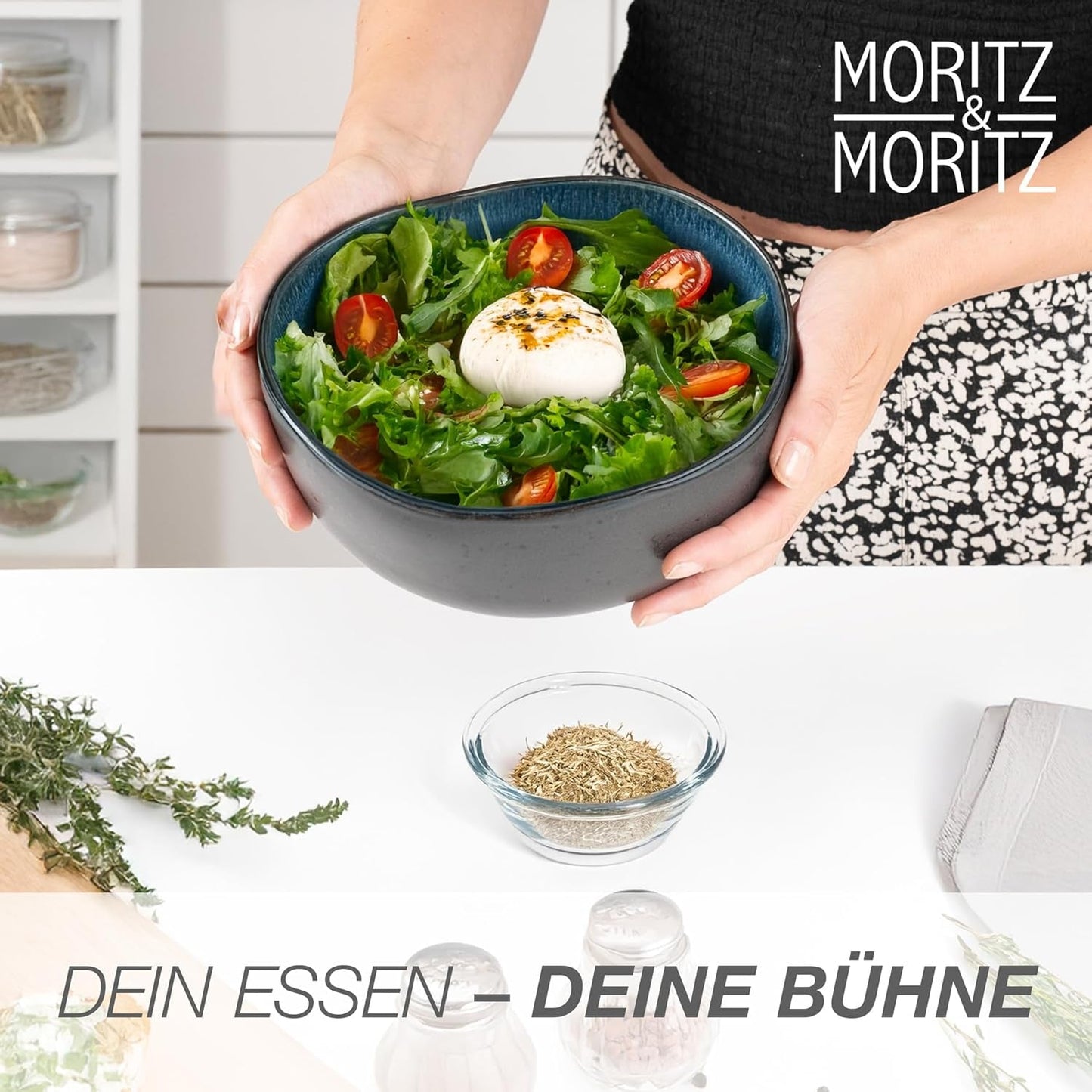 Moritz & Moritz BIOLOGISCH Serveerkommenset, Blauw - 2 grote hoogwaardige steengoedkommen, modern en tijdloos, magnetron- en vaatwasmachinebestendig - perfect voor salades, pasta, snacks en meer