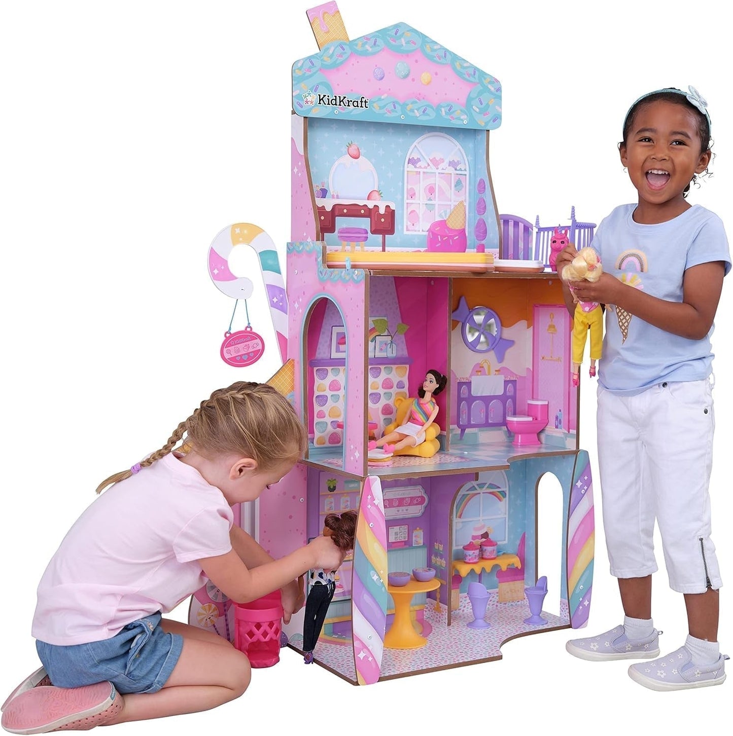 Kidkraft Candy Castle houten poppenhuis met meubels en accessoires, Lama Eenhoorn figuurhuis, ijstaartlift en rubberen stoel voor poppen, speelgoed voor 3 jaar oud, 20242 Naty Shop poppenhuizen Standaard titel