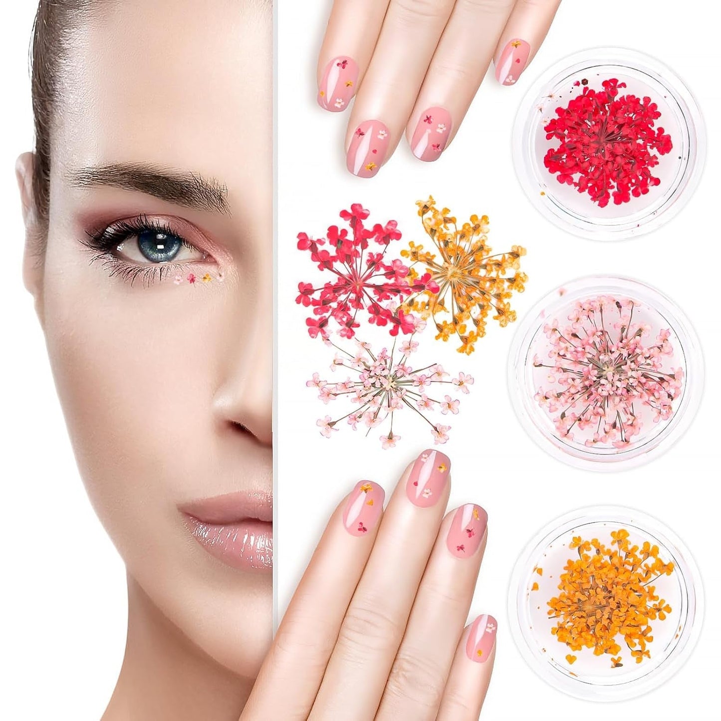 Nail Art Bloemen Set Decoratie - Gelnagels 3 kleuren (Oranje, Blassrosa, Roos), Nail Art Aufkleber Trockene Blumen Kit Getrocknete Blumen Zubehör Set DIY Nageldecoratie