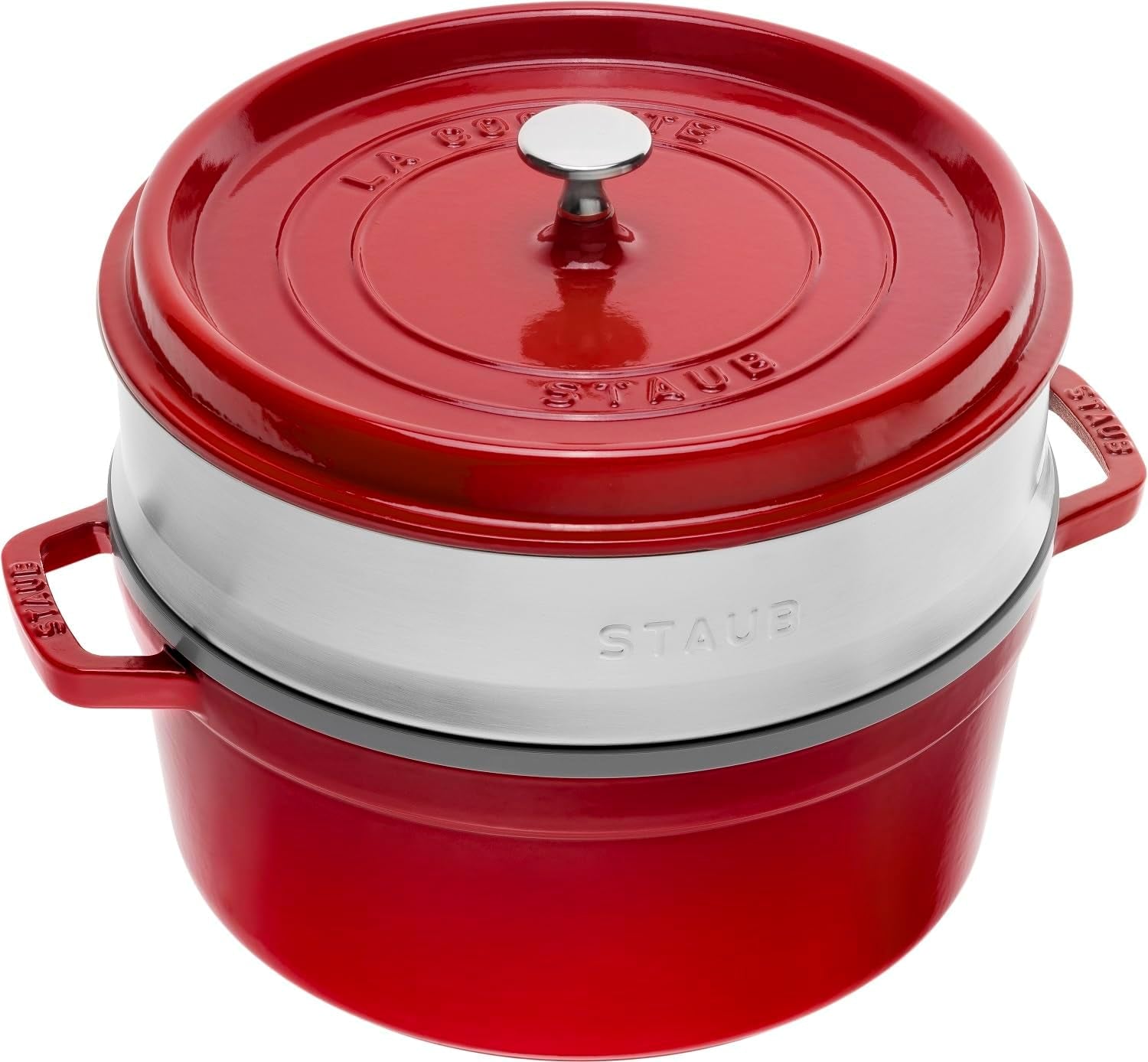 STAUB Gusseisen Bräter/Cocotte, Mit Dämpfeinsatz Aus Edelstahl, Rund 26 Cm, 5,2 L, Aromaregen-functie voor optimale werking, voor alle herdarten Inkl. Induktion & Backofen, Kirschrot, Rot Vormen en bakplaten Naty Shop Rot