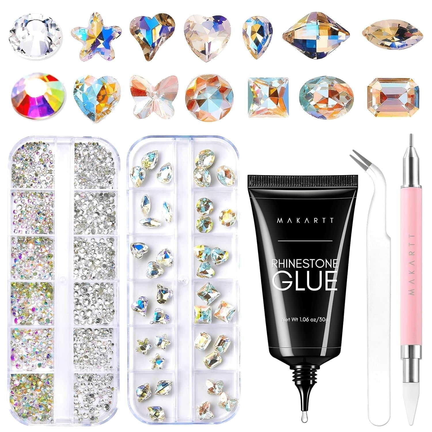 Makartt Strass zelfklevende gel - 15 ml UV-nagellijmset met roze nagelbedels Hartcirkel Nagelsieraden en nageldesignaccessoires voor thuismanicure Valentijnsdagcadeau