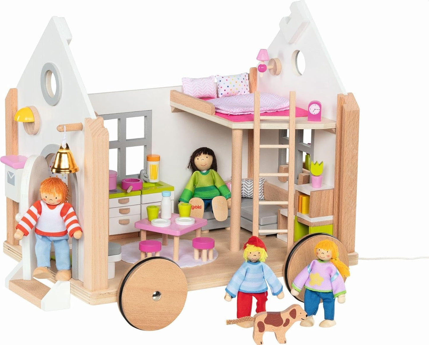 Goki 51477 - Klein hyggehouten en textielhuis voor minipoppen, beweegbaar poppenhuis in Scandinavische stijl, 38 cm x 27 cm x 33 cm, set van 40, vanaf 3 jaar Poppenhuizen Naty Shop