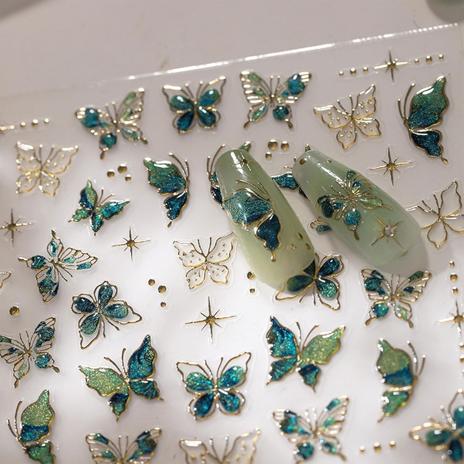 JMEOWIO 3D Nagelsticker Groen Goud Schmetterling Nail Art Sticker Selbstklebend Nagelaufkleber 5D Stereoskopische Decoratie Nageldesign Zubehör 1 Blatt