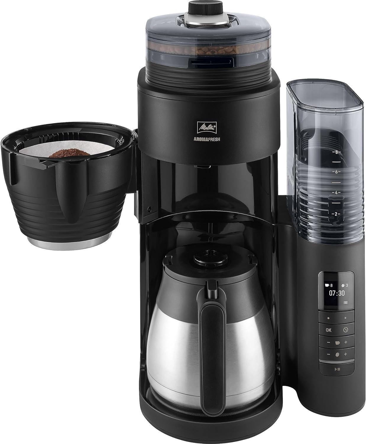 Melitta AromaFresh Therm Pro X - Espressomachine met filter, geïntegreerde molen, afneembaar waterreservoir, roestvrijstalen thermische karaf en timerfunctie, voor maximaal 8 koppen koffie, zwart/zilver