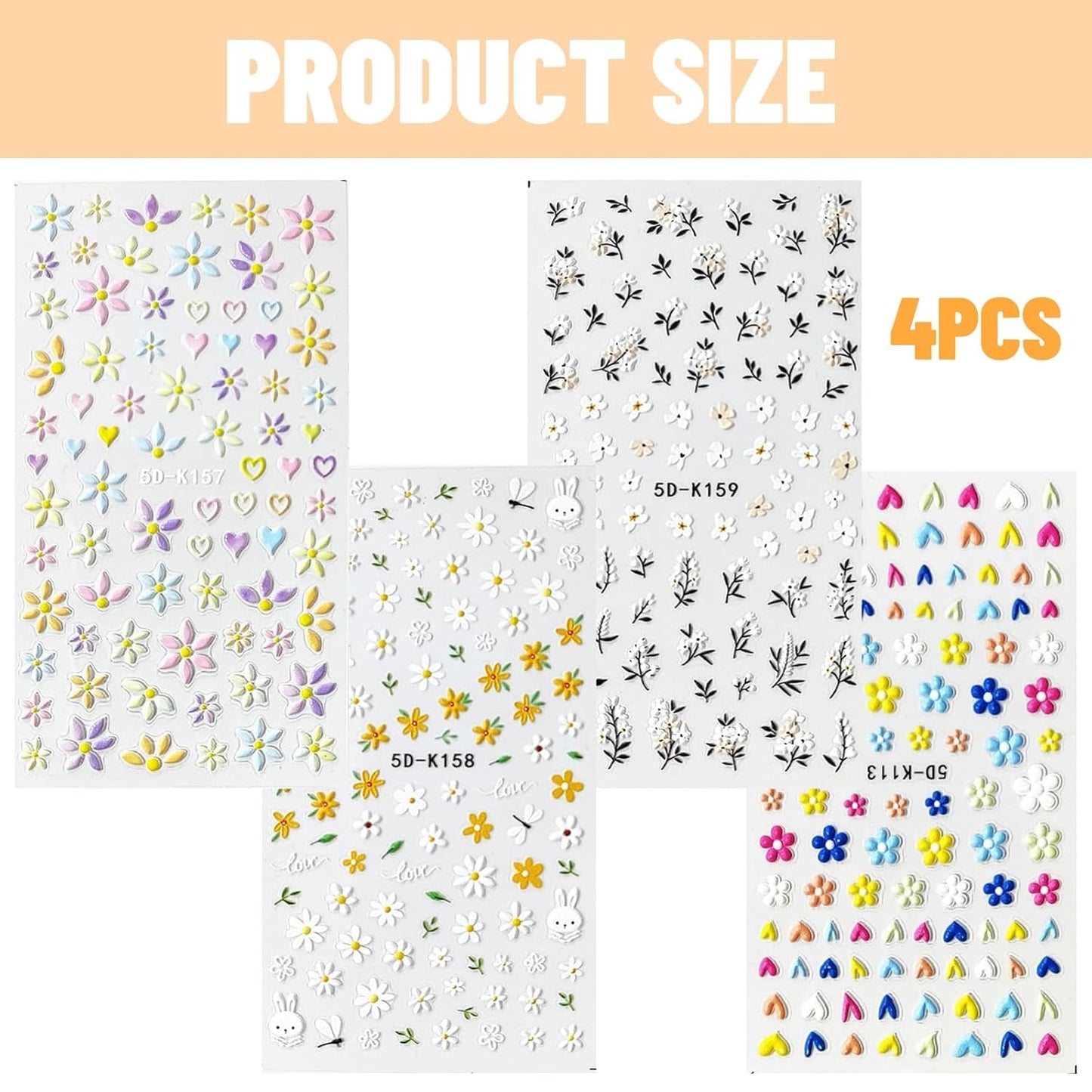 Nagelstickerset voor individuele nageldesign, 4 Blatt Frühlingsthemen Nail Art Zubehör, Perfect voor 3D-gelnagel en UV-gelstrips