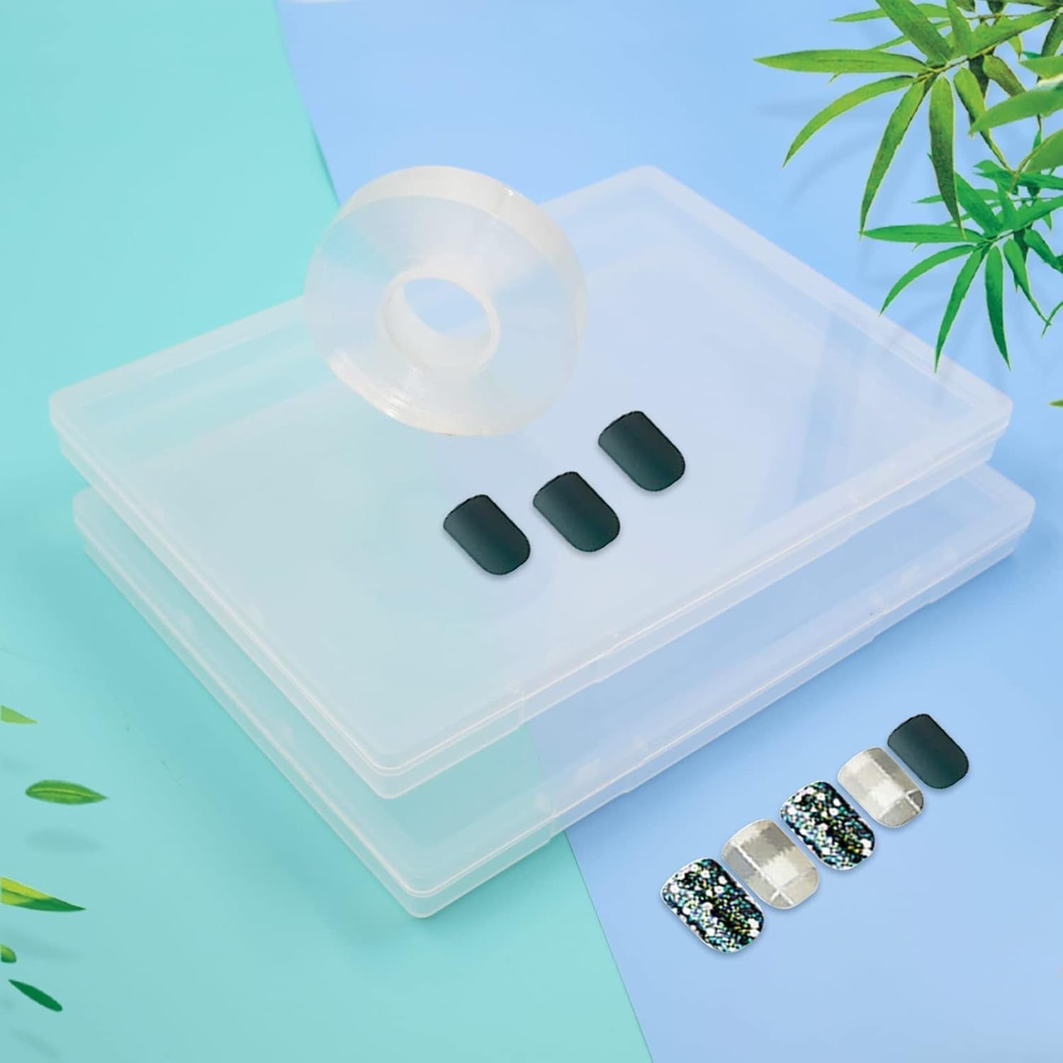 2 stuks 30 cm dubbelzijdig plakband kunstnagel opbergdoos doorzichtige rechthoekige doos plastic verpakkingsdozen nageltips container kunstnagels 21,8x15,5 cm