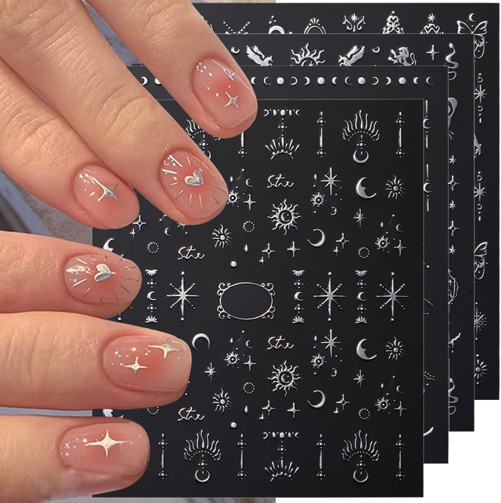 3D zilver metallic nagelstickers, nagelstickers voor vrouwen, ster, maan, zon, nagelfolie, zelfklevende stickers, vlindernagelstickers, nagelstickers, nageldesignaccessoires, 8 stuks