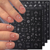 3D zilver metallic nagelstickers, nagelstickers voor vrouwen, ster, maan, zon, nagelfolie, zelfklevende stickers, vlindernagelstickers, nagelstickers, nageldesignaccessoires, 8 stuks