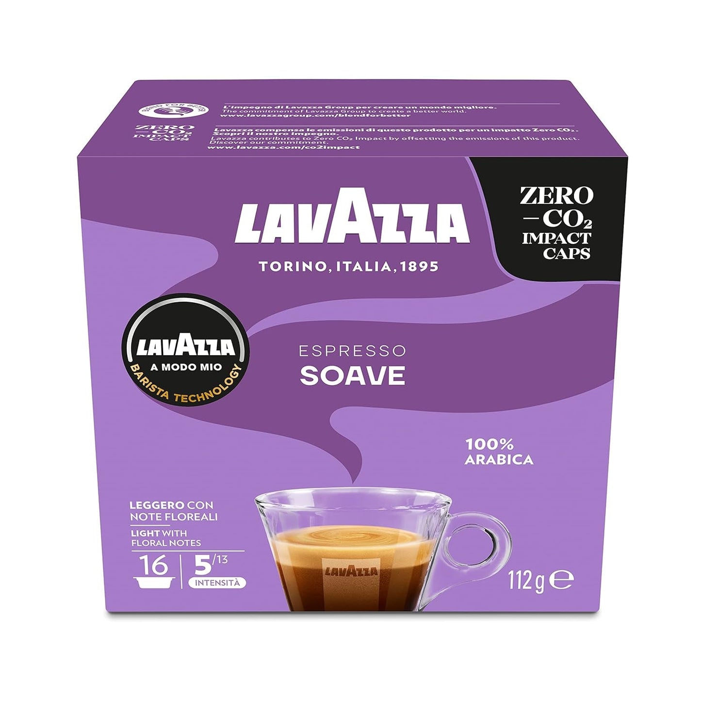 Lavazza, A Modo Mio Soave 256 Kaffeekapseln, voor een lichte en elegante espresso met aromatische noten van Blumen, 100% Arabica, Intensiteit 5/13, medium Röstung, 16 Packungen met je 16