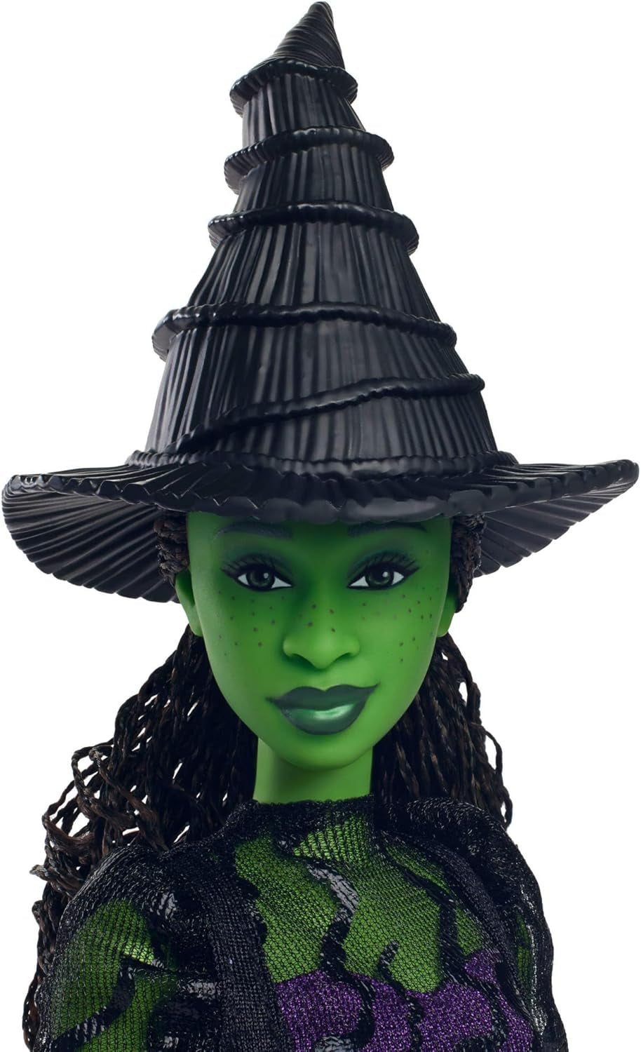 Mattel Wicked Elphaba modepop en accessoires met groene huid, zwart gevlochten haar, verschillende mogelijke poses en afneembare baljurk-uiterlijk, HXT62, [Multicolor]