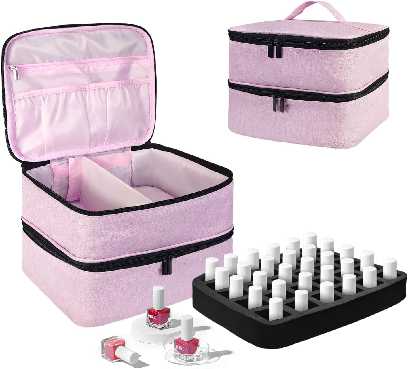 Nail Lacquer Organizer Tasche, Doppelschicht Nail Lacquer Storage Box, Organizer Koffer Für Nageldesign Kosmetiktasche Für 30 Flaschen Neonail Base (15Ml-0.5 Fl.Oz) & 1 nagellamp (zwart)