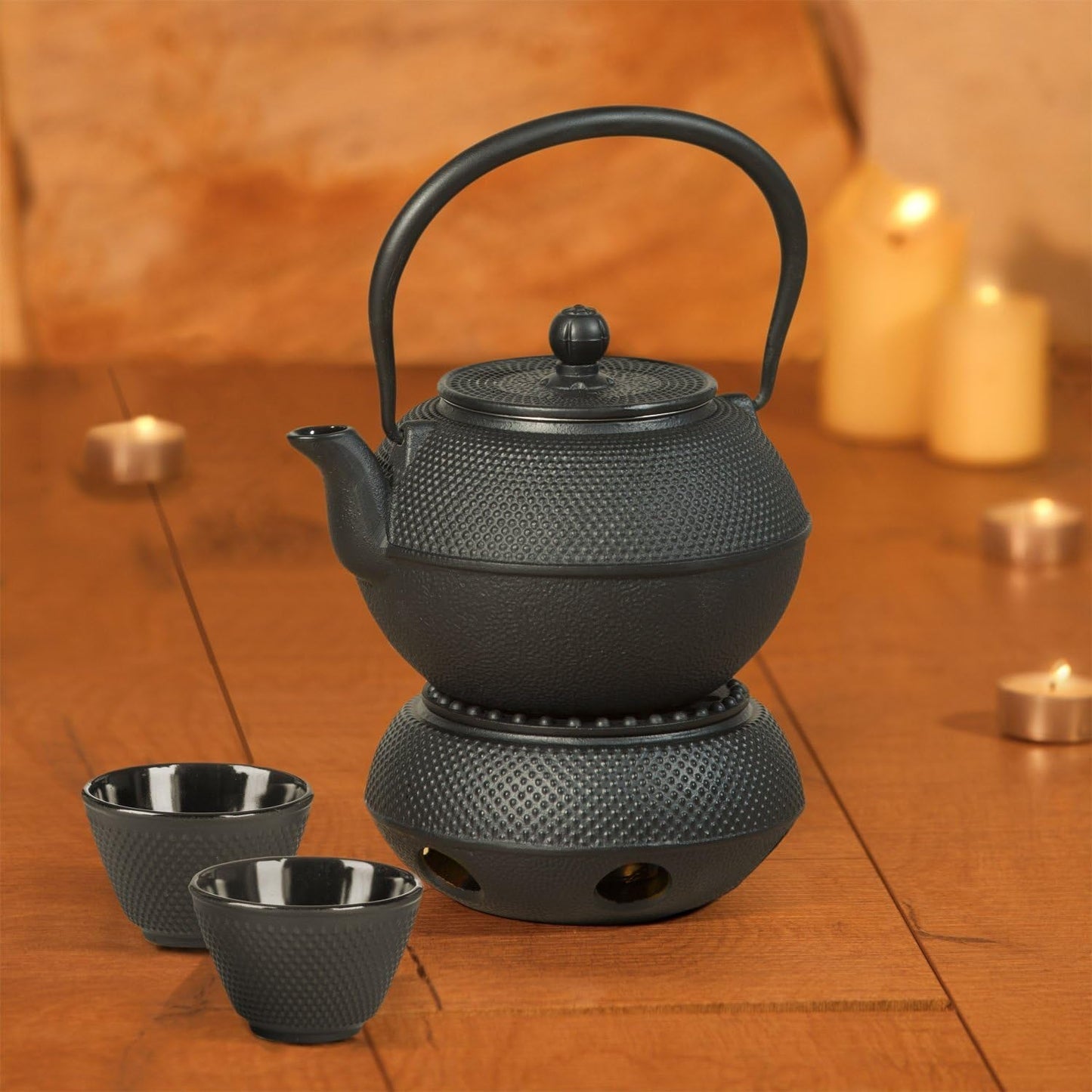 Dimono traditioneel gietijzeren theeservies: theepot, warmer en 2 theekopjes