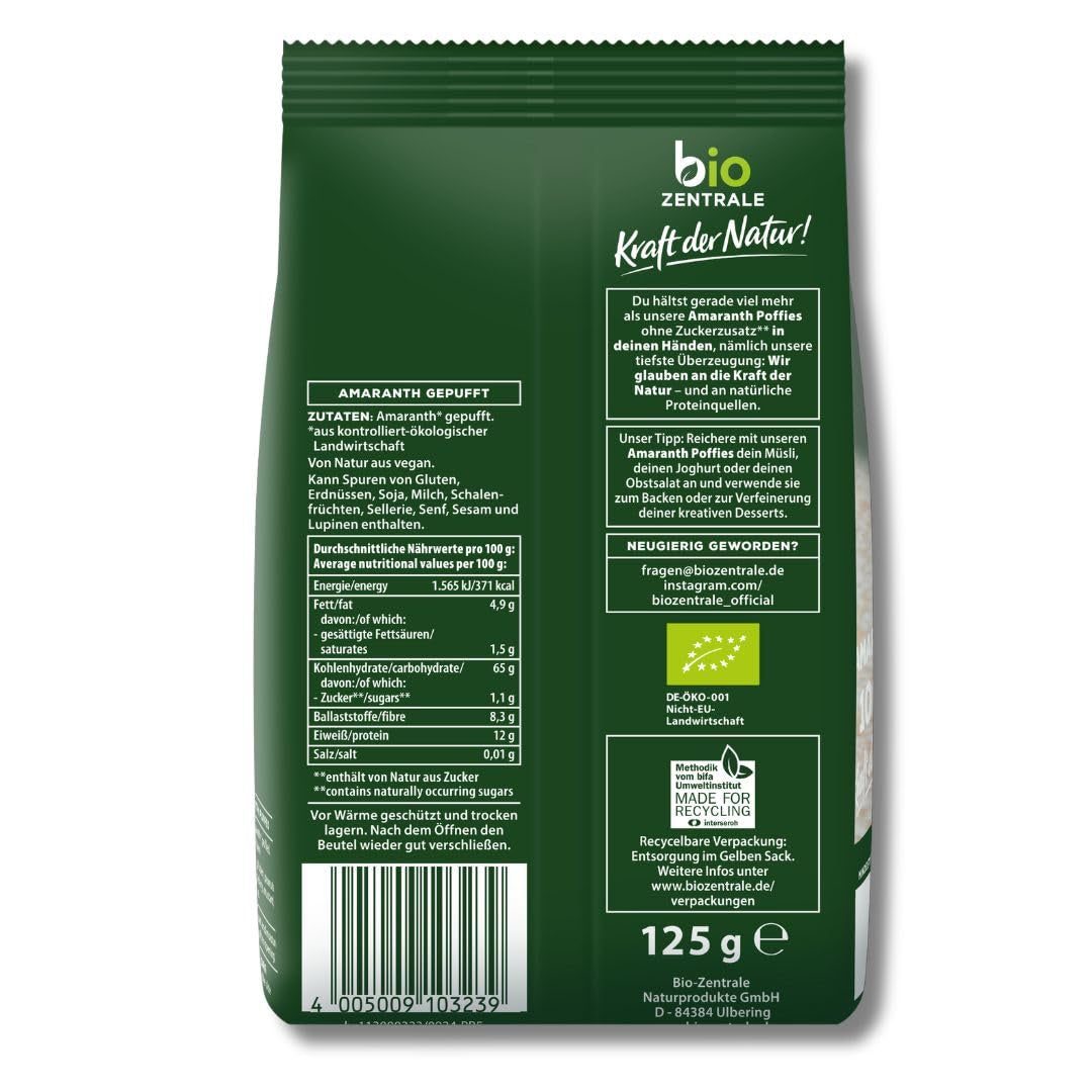 Biocentrale amarant soesjes | 125 gram | veganistisch | kleine geëxpandeerde amarantkorrels | eiwitbron | voor muesli, yoghurt en kleurrijke ontbijtkommen