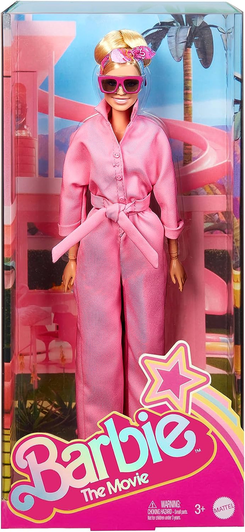 BARBIE THE MOVIE Margot Robbie - Puppe mit Kaugummi-Rosa Jumpsuit, Messy Updo, Sonnenbrille, Kopftuch, Wedge-Sneakers, Sammlerverpackung, voor kinderen vanaf 3 jaar, HRF29