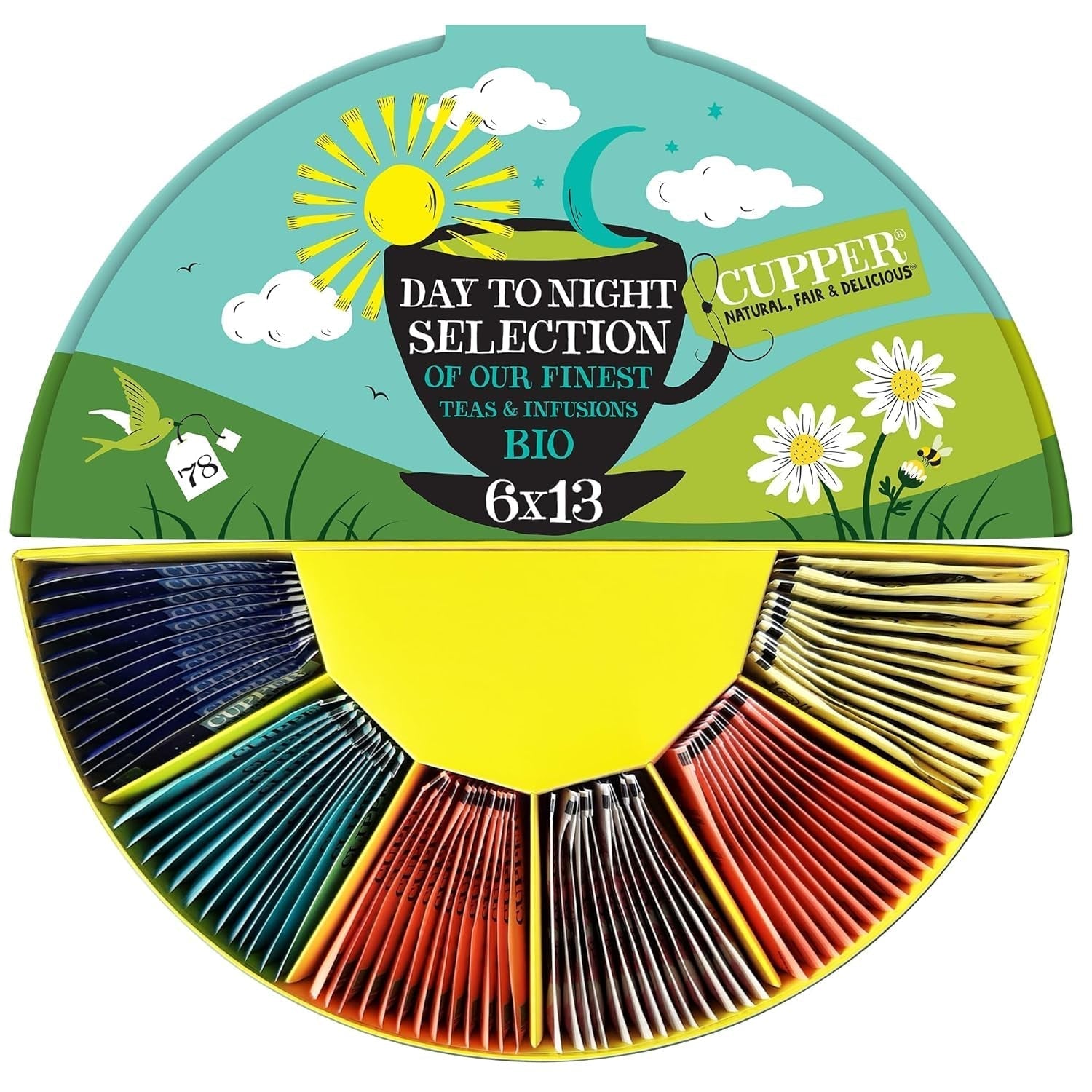 Cupper biologische theecadeauset, 6 assortiment kruiden- en fruitthee voor de hele dag, theeservies, geschenkdoos, geselecteerde biologische theecollectie (1 doos, 78 theezakjes)