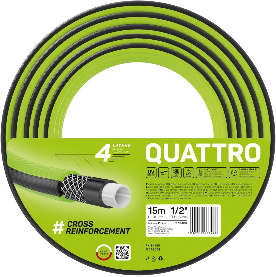 Cellfast QUATTRO Tuinslang, Duurzaam, Lichtgewicht, 4-laags, UV-bestendig, Draadslang, Kruisvlecht, 20 Bar, 1/2" 15m, 10-064