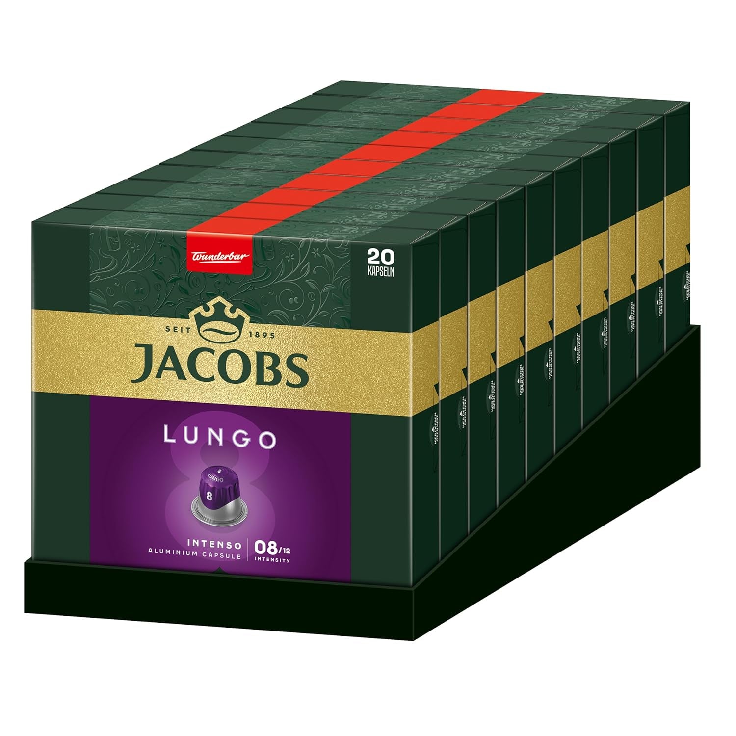 Jacobs Kaffeekapseln Lungo Intenso, Intensität 8/12, 10 x 20 Getränke, Nespresso* compatibel Kaffee Kapseln, 200 Kapseln