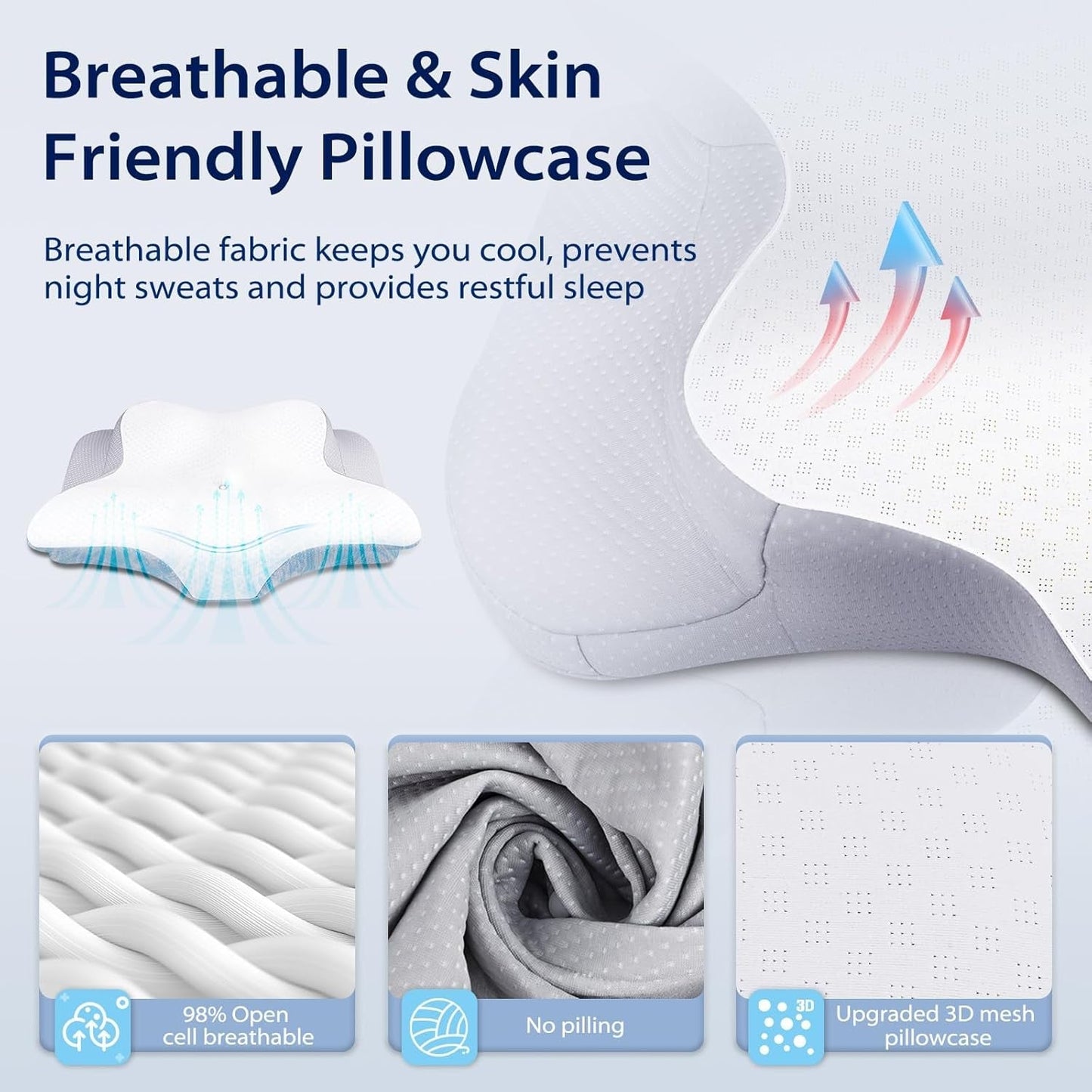 HOMCA Nekkussen Kussen, Memory Foam Ergonomisch kussen 3D-koelende kussensloop voor rug-, zij- of buikligging, 62 X 41 X 9,5/12,5 Cm Cervicale orthopedische kussens Naty Shop