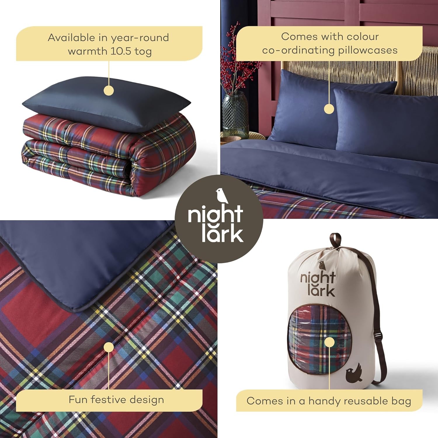 Night Lark dekbed- en kussensloopset, 10,5 tog, eenpersoons, klassieke rode Schotse ruit, luxe beddengoed, hypoallergeen, machinewasbare dekbedden en dekbedden Naty Shop