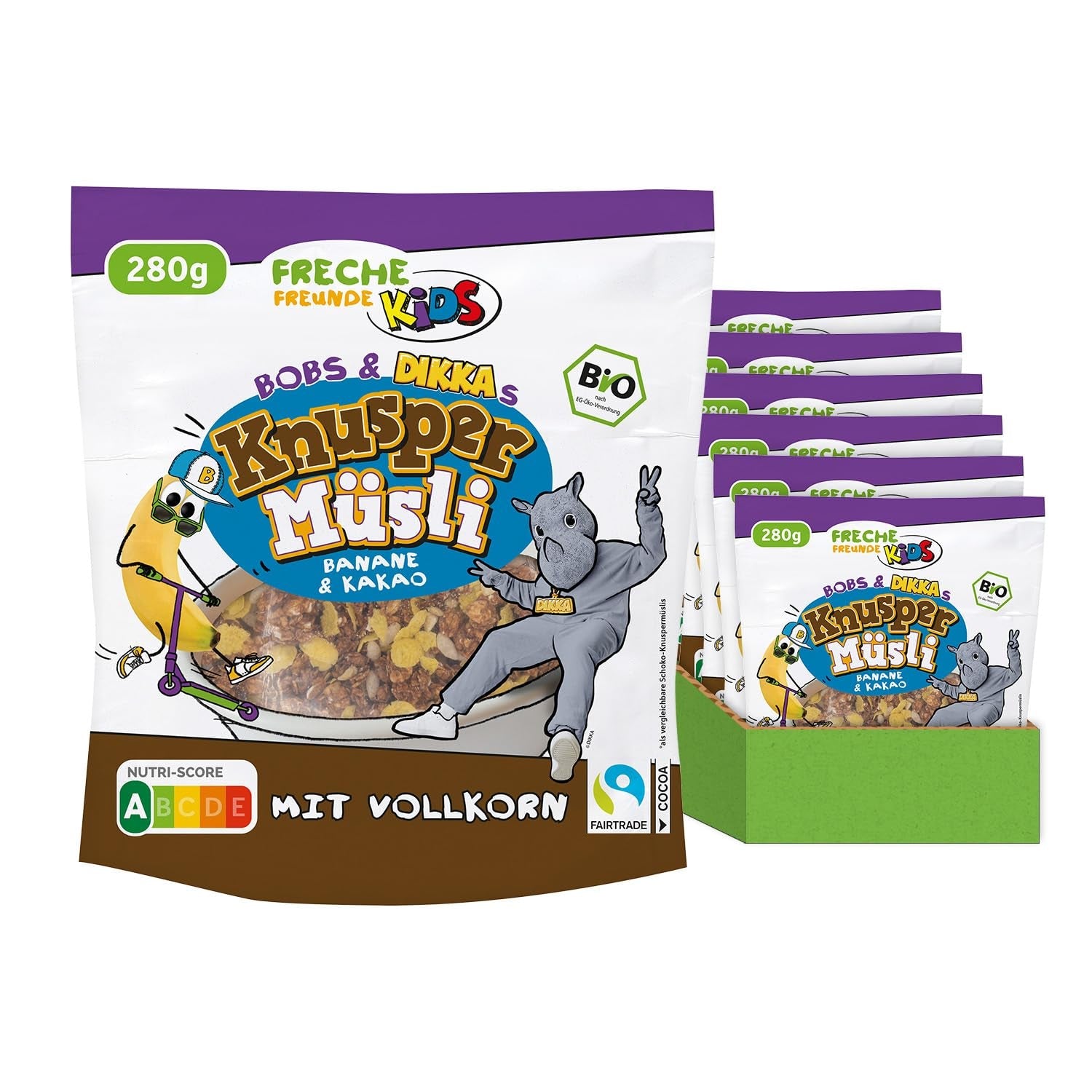 FRECHE FREUNDE KIDS, Bobs & DIKKAS Krokante banaan-cacaomuesli, knapperige chocolademuesli voor kinderen, suikerarm, geen toevoegingen, 100% veganistisch, 6 stuks (6 x 280 g)
