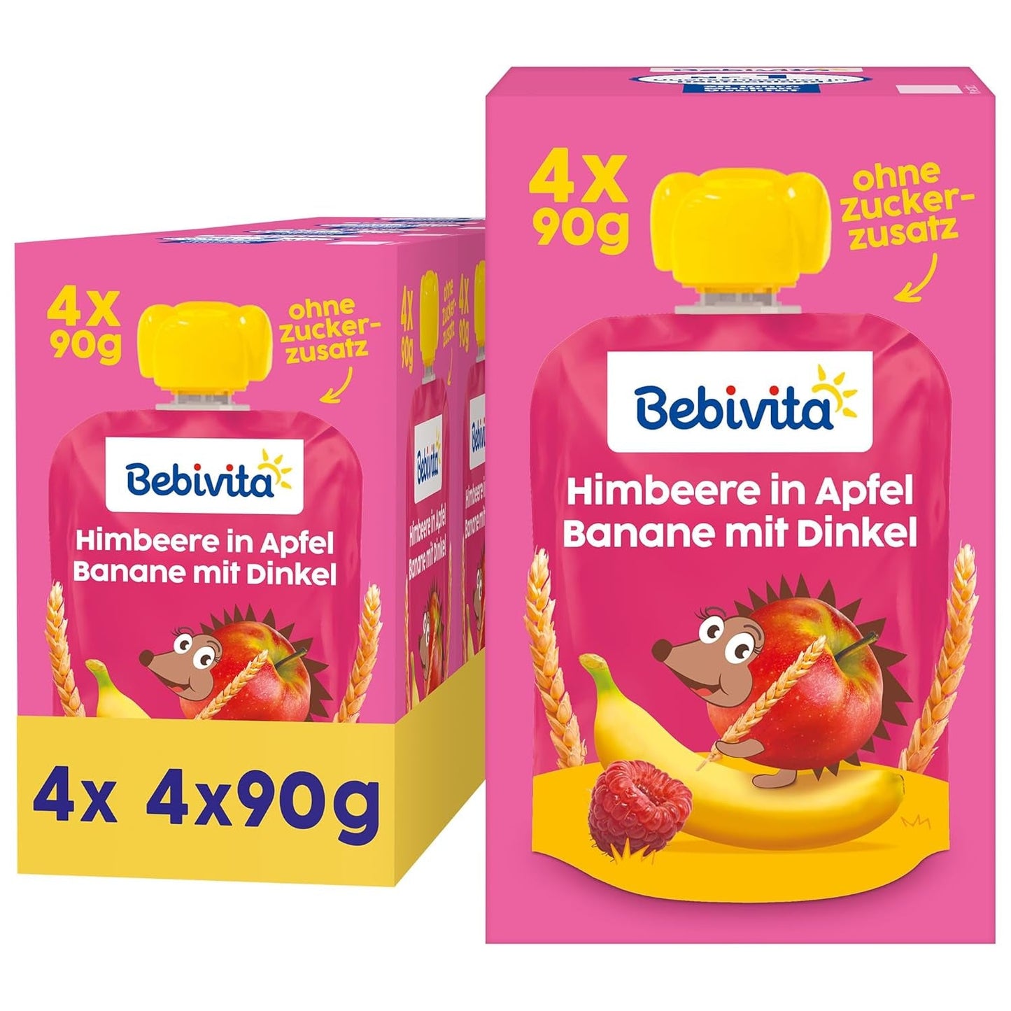 Knijpbare zakjes fruit, framboos, appel, banaan en spelt - 16 stuks (pak van 4, elk 4 x 90 g), zonder toegevoegde suiker, gemaakt van zacht fruit en gezonde granen, ideaal voor afhaalsnacks en zelfconsumptie