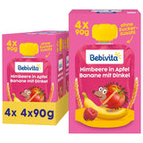 Knijpbare zakjes fruit, framboos, appel, banaan en spelt - 16 stuks (pak van 4, elk 4 x 90 g), zonder toegevoegde suiker, gemaakt van zacht fruit en gezonde granen, ideaal voor afhaalsnacks en zelfconsumptie