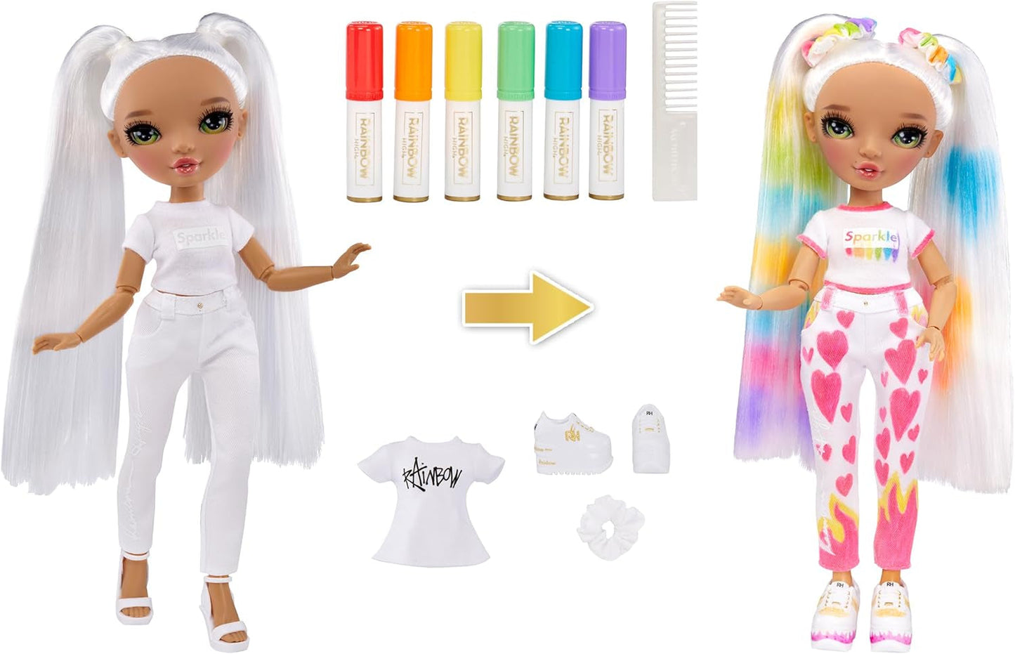 Rainbow High Color & Create DIY Modepuppe - Grüne Augen, Zopfe, extra Top & Schuhe, abwaschbare Regenbogenstifte - Ausmalen, Gestalten, Spielen, Auswaschen - voor kinderen van 4-12 jaar en Sammler