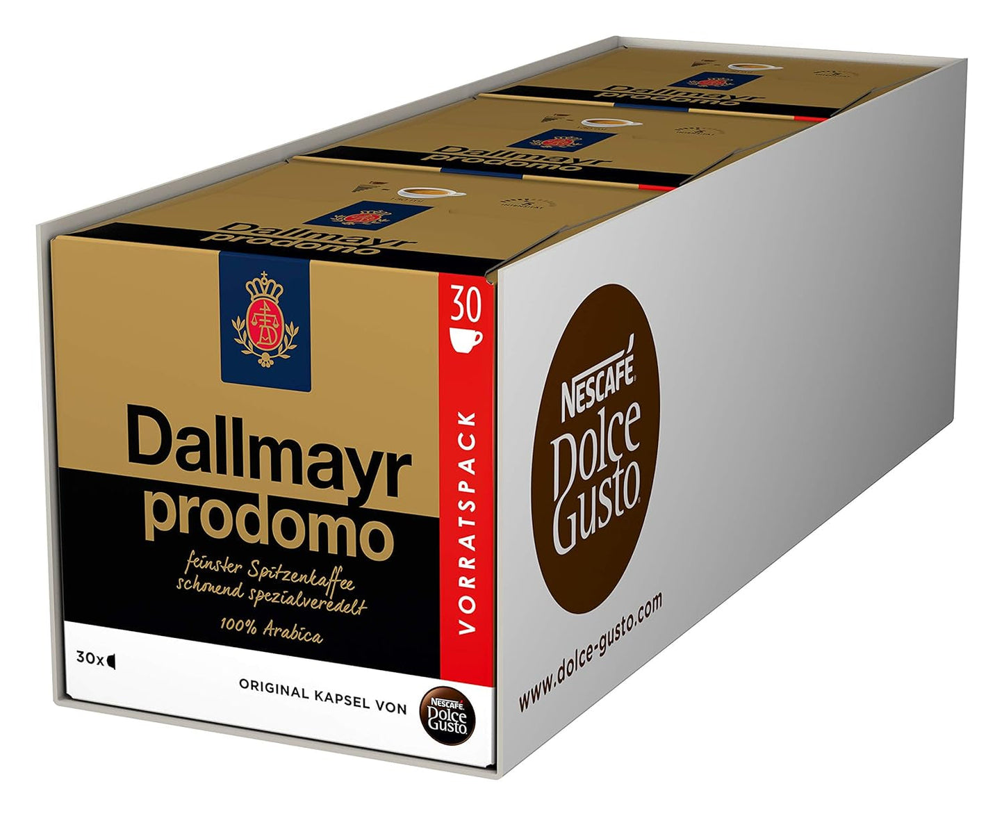 NESCAFÉ Dolce Gusto Dallmayr Prodomo, XXL-Vorratsbox, 90 Kaffeekapseln (3 x 30 Kapseln) & Dallmayr Crema d'Oro Caffè Latte (48 Kaffeekapseln, 48 Getränke, cremig&ausgefungen) 3er-pakket (3 x 16 Kapseln)