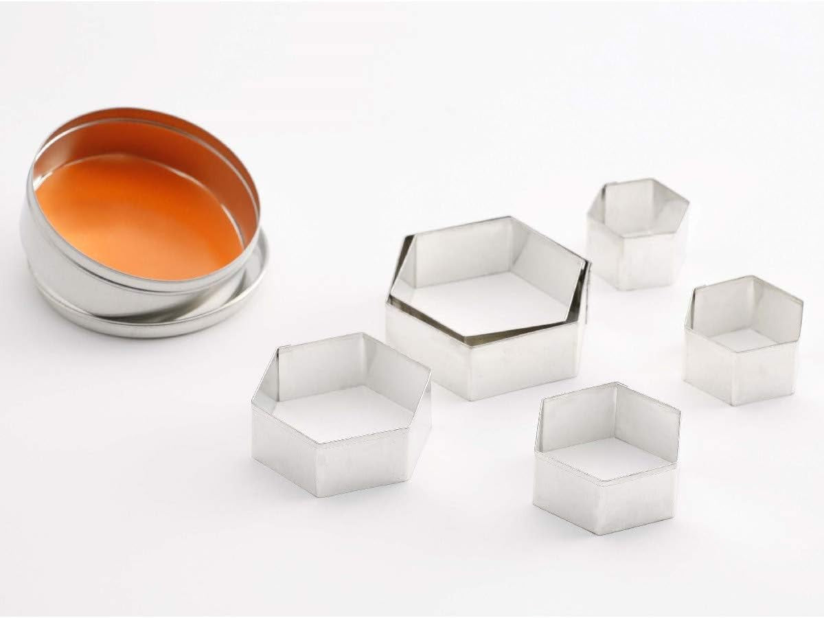 Thermohauser koekjesvormset (roestvrij staal) zeskant gladde rand 6-delig diameter 4,5 - 9,5 cm verpakt in blikken opbergdoos zilver