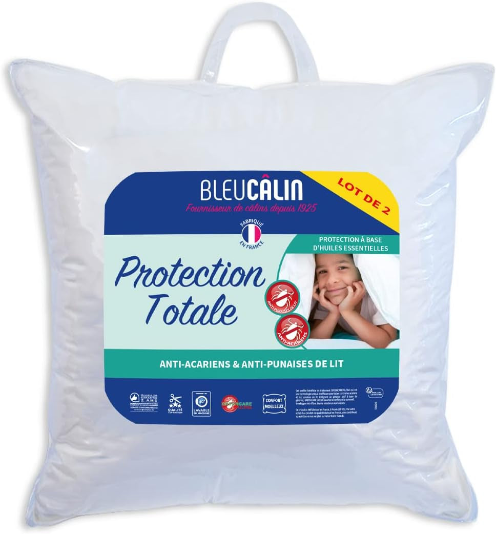 Bleu Câlin set van 2 anti-mijt-, anti-insectenkussens, pluizig comfort, 60 X 60 Cm, microvezelhoes, volledige bescherming, witte Naty Shop standaardkussens