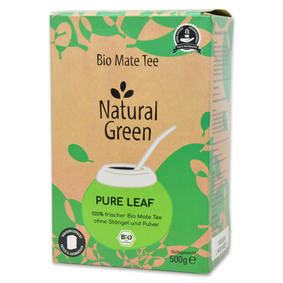 Delicatino - Natuurlijk groen PURE LEAF 500G, biologische yerba mate stengelloos, vers en rookloos, biologisch geteeld, vacuüm verpakt voor maximale versheid