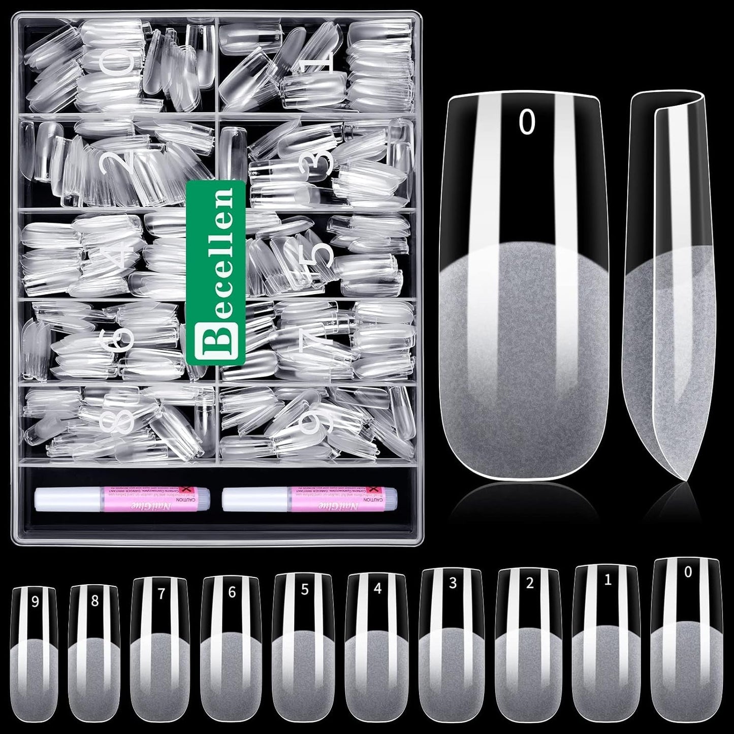 Becellen 500 stuks kunstnageltips, zachte gelnageltips, volledige dekking, gelnageltips, voorgepolijste kunstnagels, doe-het-zelf nagelkunstlijmset (amandelen)